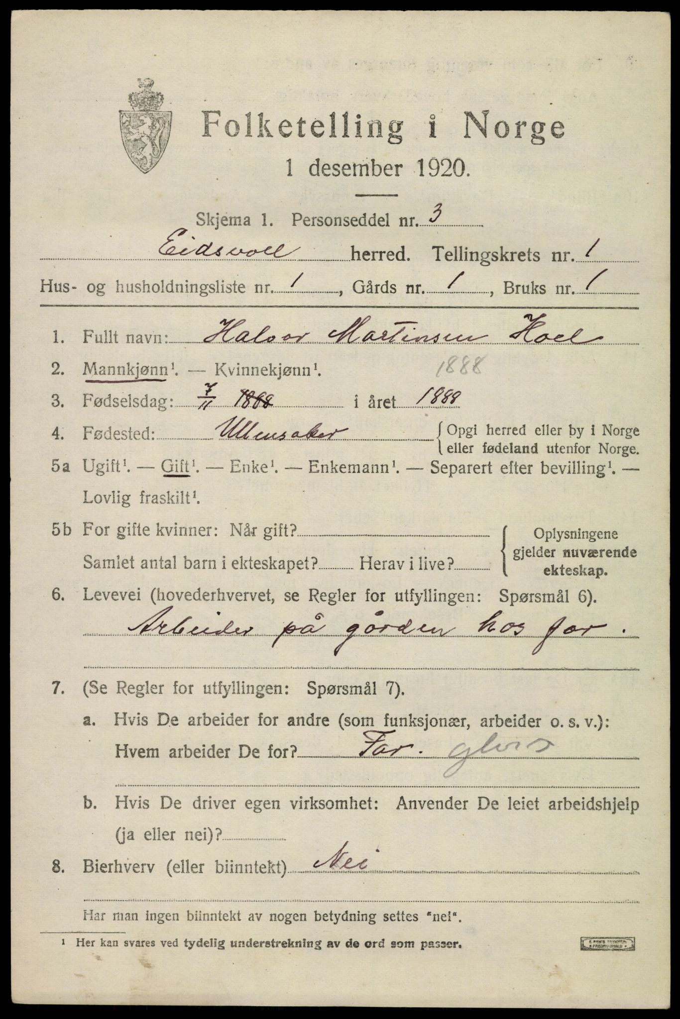 SAO, 1920 census for Eidsvoll, 1920, p. 3547