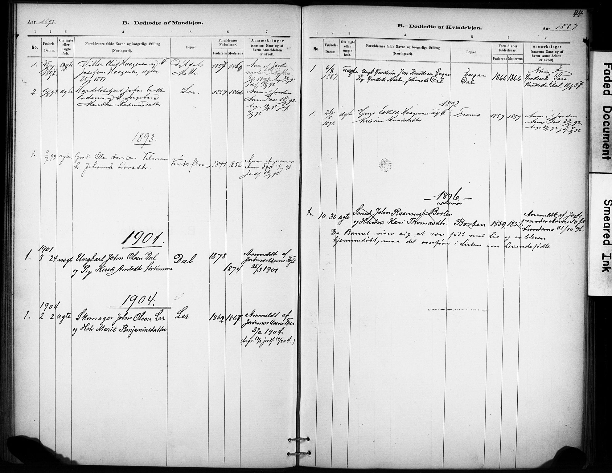 Ministerialprotokoller, klokkerbøker og fødselsregistre - Sør-Trøndelag, AV/SAT-A-1456/693/L1119: Parish register (official) no. 693A01, 1887-1905, p. 44