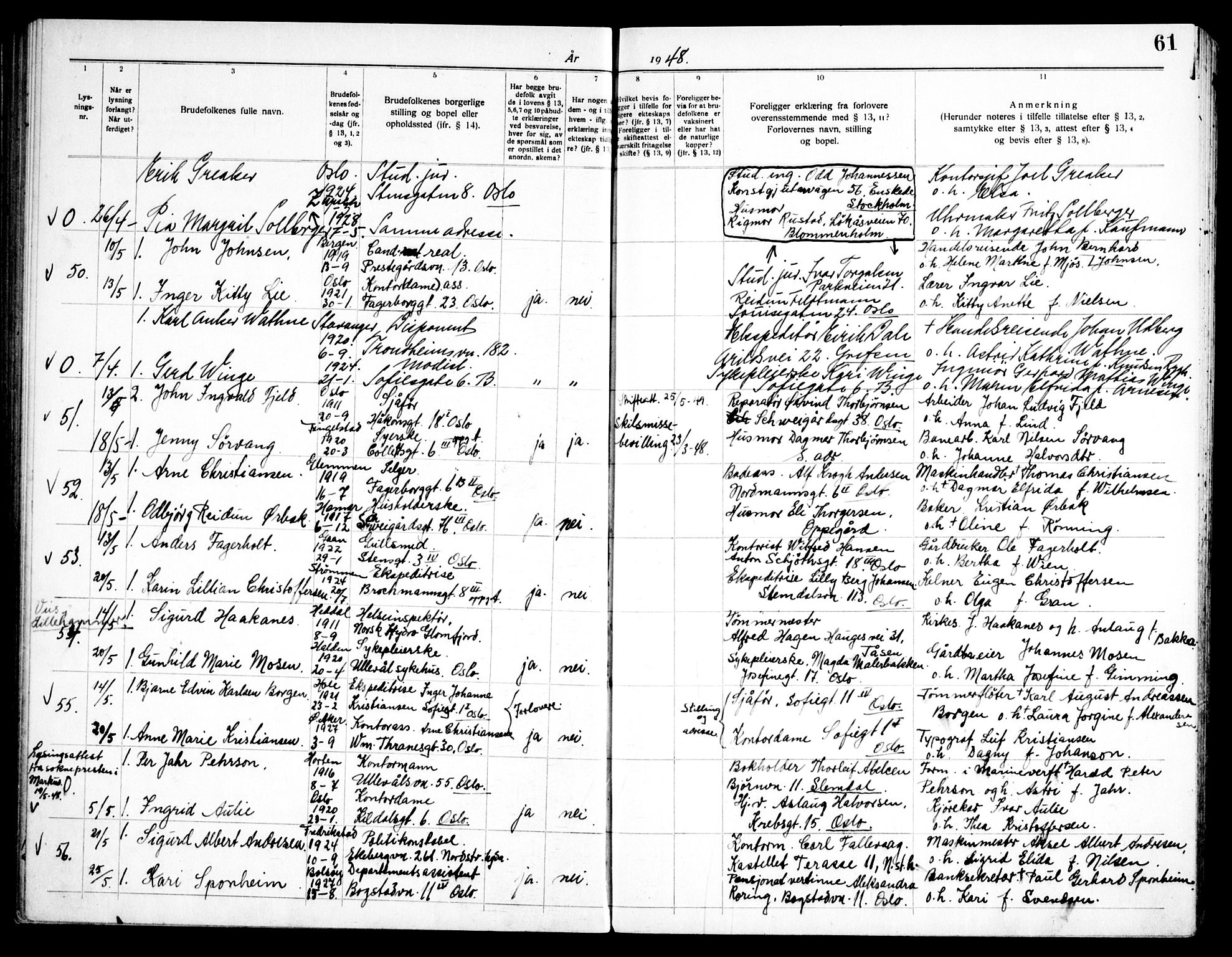 Fagerborg prestekontor Kirkebøker, AV/SAO-A-10844/H/Ha/L0006: Banns register no. 6, 1944-1950, p. 61