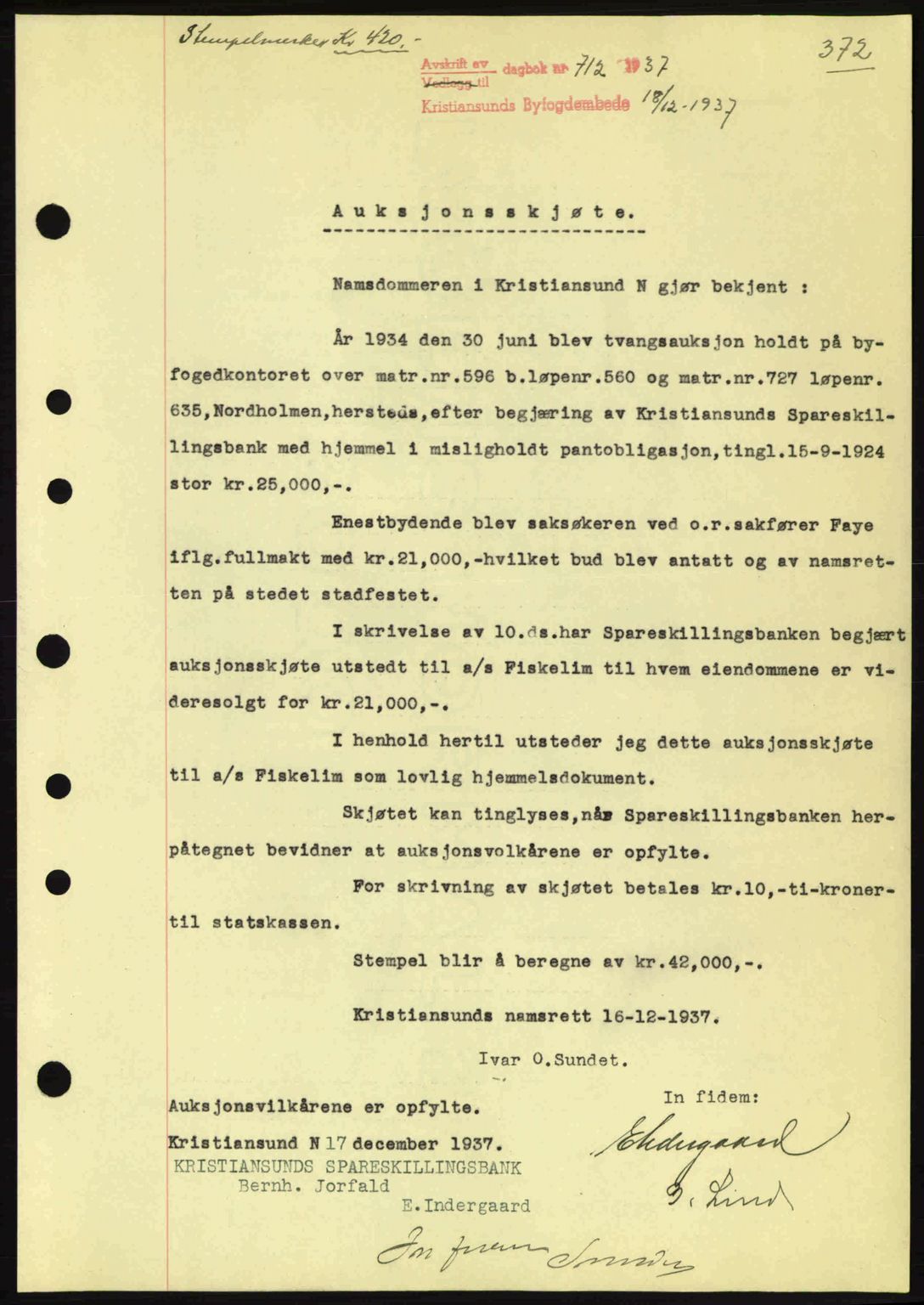 Kristiansund byfogd, AV/SAT-A-4587/A/27: Mortgage book no. 30, 1936-1941, Diary no: : 712/1937