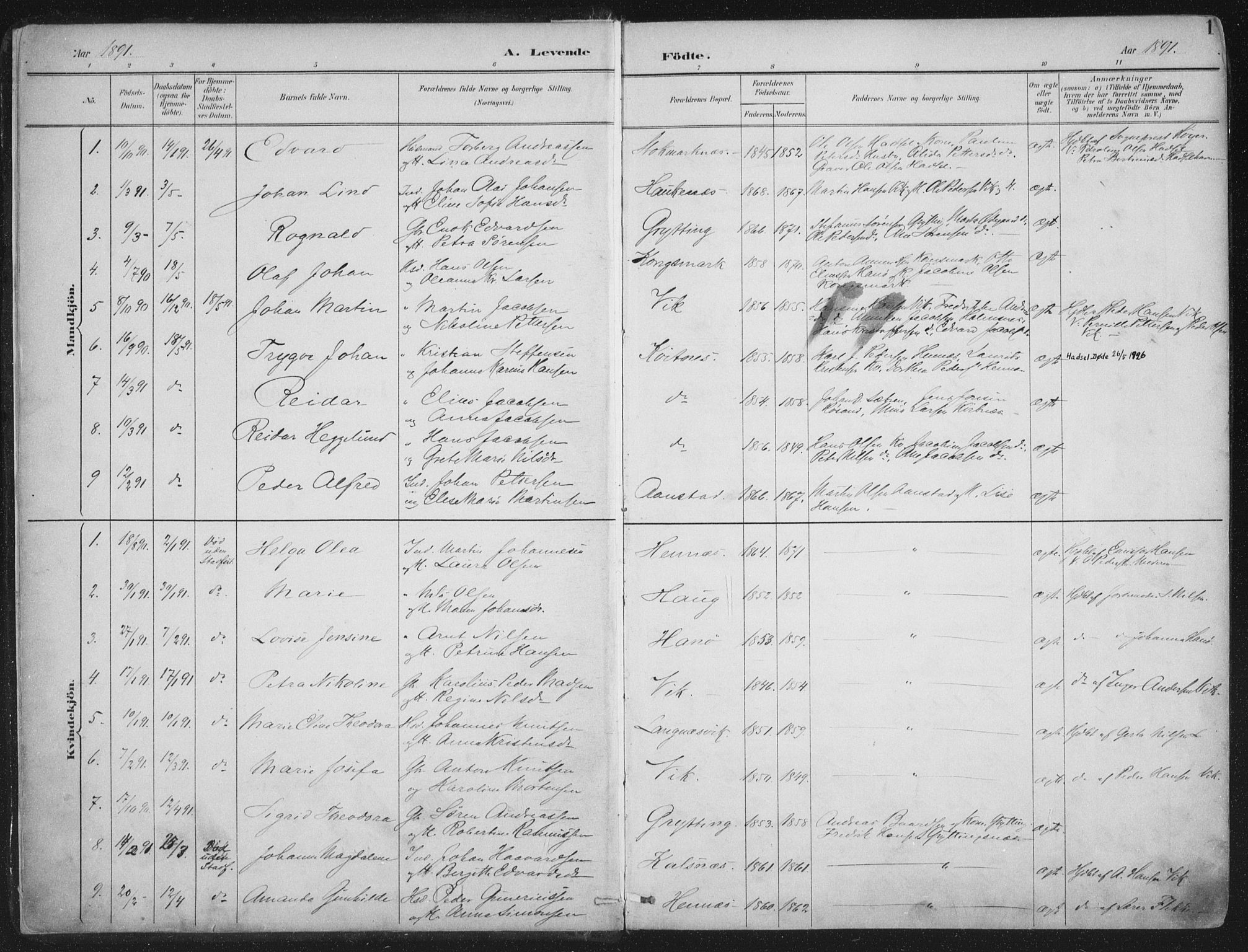 Ministerialprotokoller, klokkerbøker og fødselsregistre - Nordland, SAT/A-1459/888/L1246: Parish register (official) no. 888A12, 1891-1903, p. 1