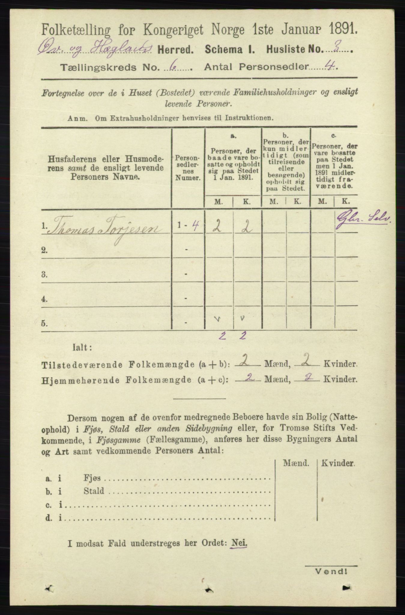 RA, 1891 census for 1016 Øvrebø og Hægeland, 1891, p. 1148