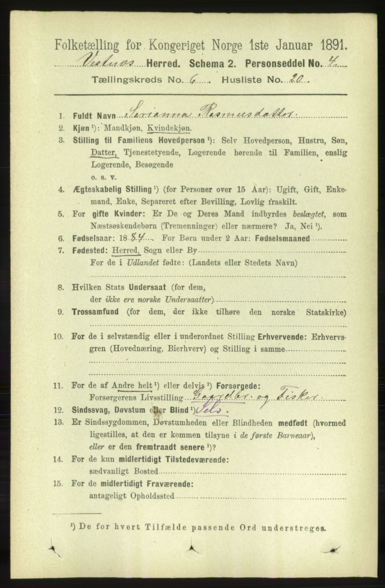 RA, 1891 census for 1535 Vestnes, 1891, p. 2289