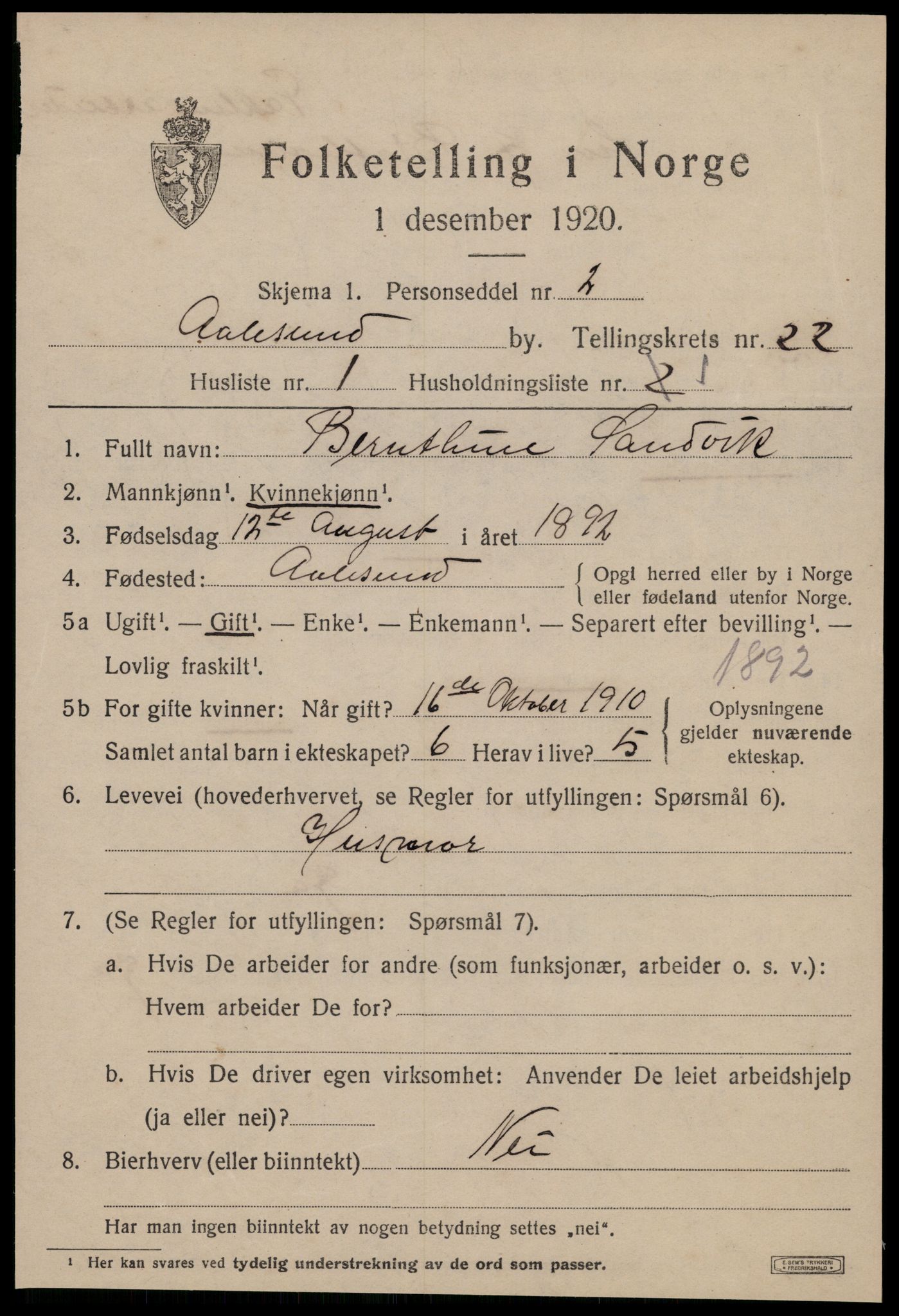 SAT, 1920 census for Ålesund, 1920, p. 40268