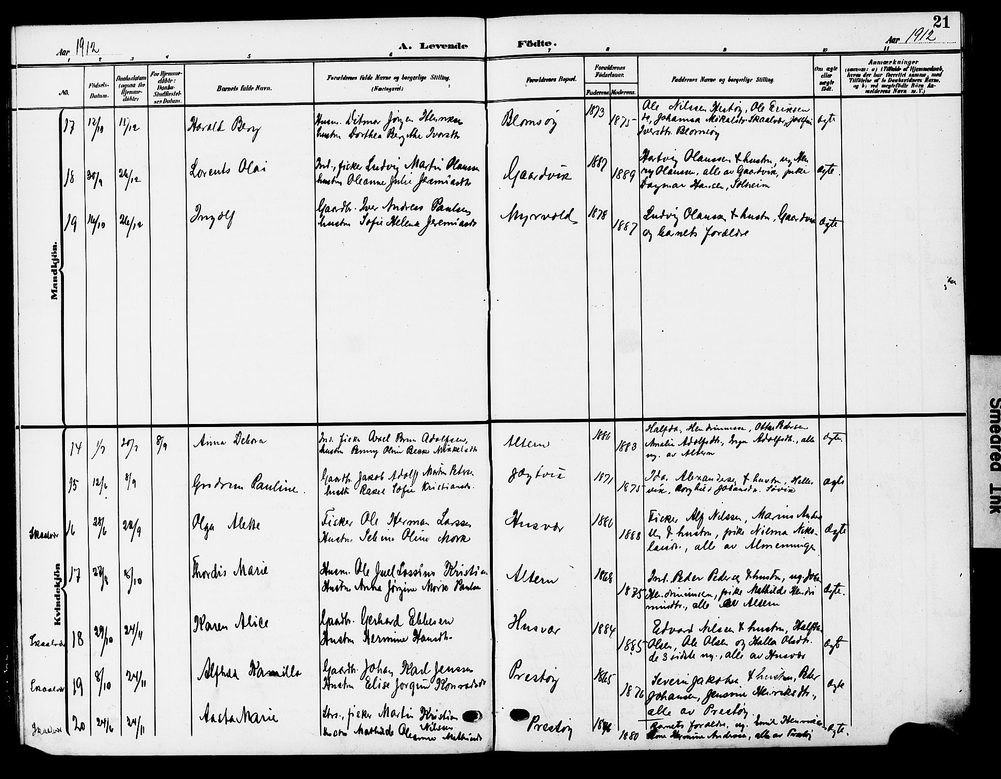 Ministerialprotokoller, klokkerbøker og fødselsregistre - Nordland, AV/SAT-A-1459/830/L0464: Parish register (copy) no. 830C06, 1906-1925, p. 21