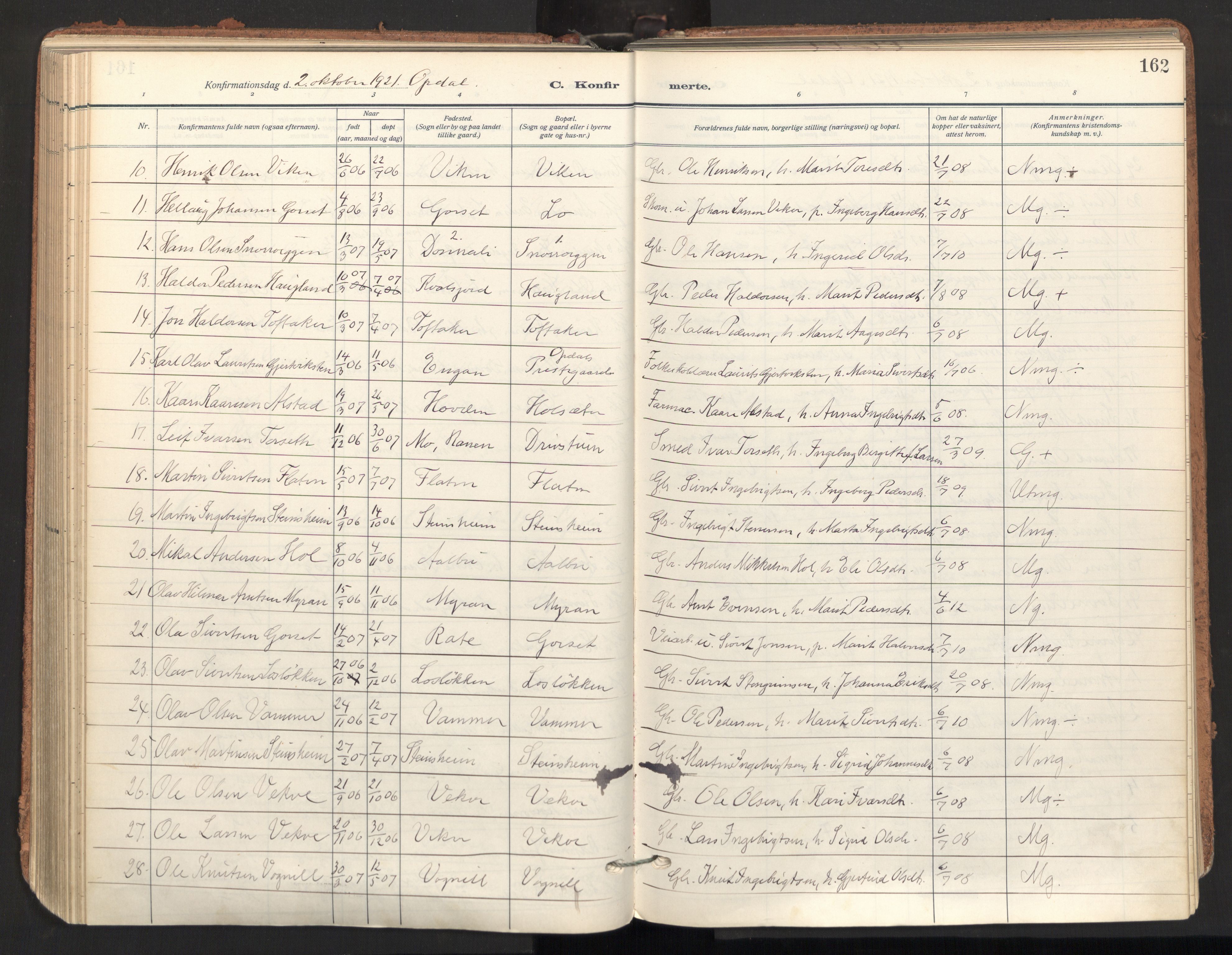 Ministerialprotokoller, klokkerbøker og fødselsregistre - Sør-Trøndelag, AV/SAT-A-1456/678/L0909: Parish register (official) no. 678A17, 1912-1930, p. 162