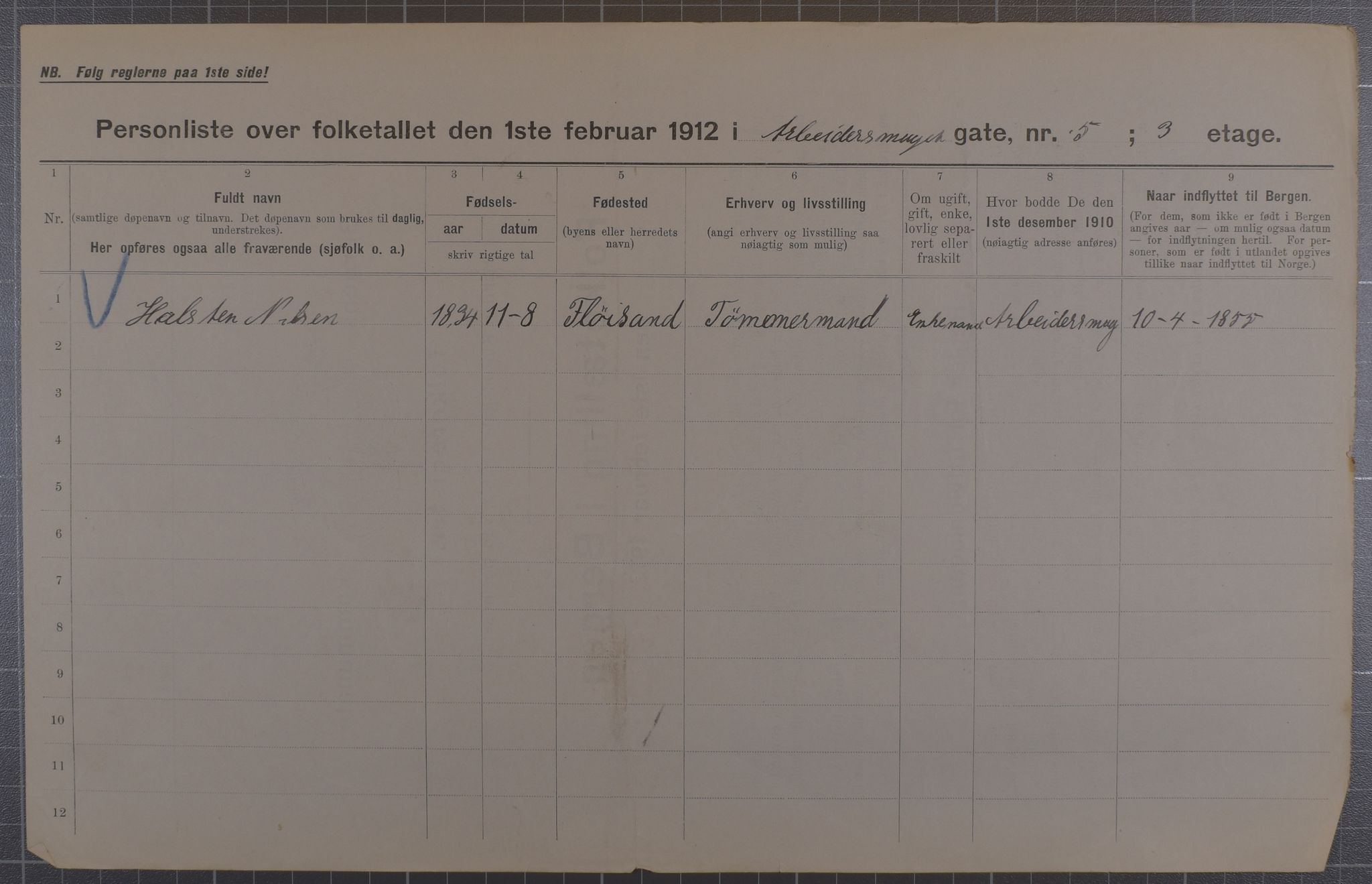 SAB, Municipal Census 1912 for Bergen, 1912, p. 1536