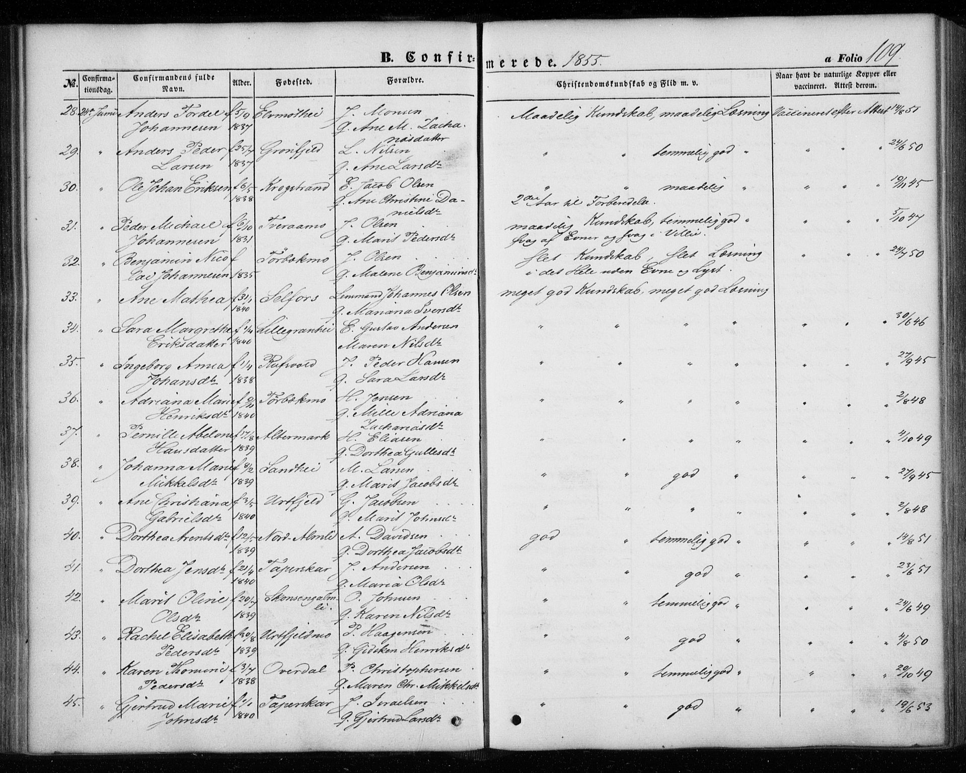 Ministerialprotokoller, klokkerbøker og fødselsregistre - Nordland, AV/SAT-A-1459/827/L0392: Parish register (official) no. 827A04, 1853-1866, p. 109