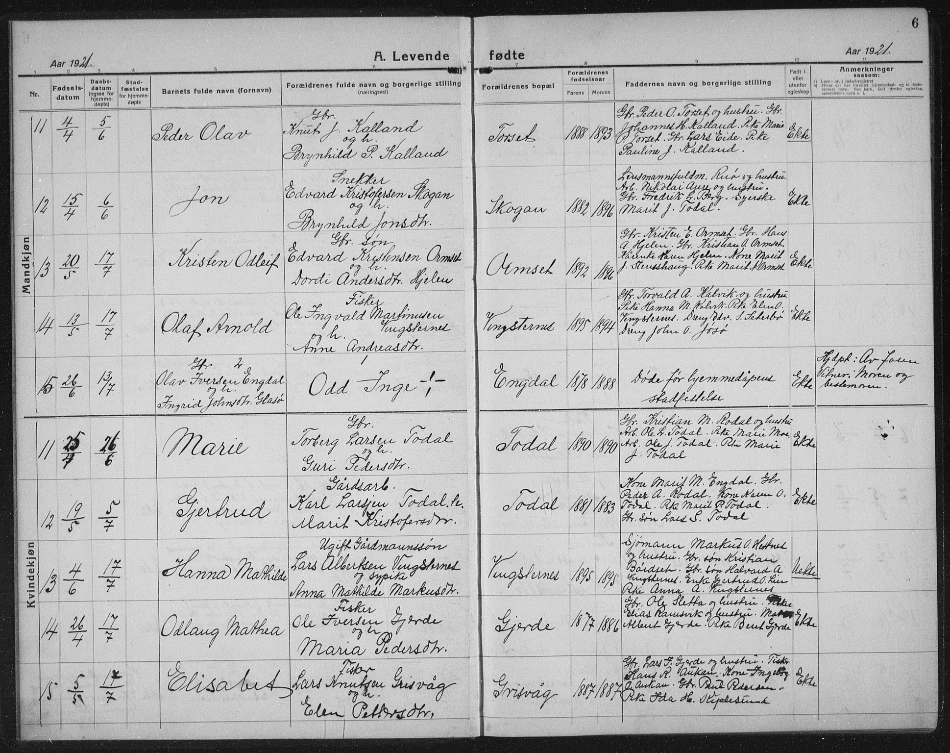 Ministerialprotokoller, klokkerbøker og fødselsregistre - Møre og Romsdal, AV/SAT-A-1454/578/L0911: Parish register (copy) no. 578C04, 1921-1940, p. 6