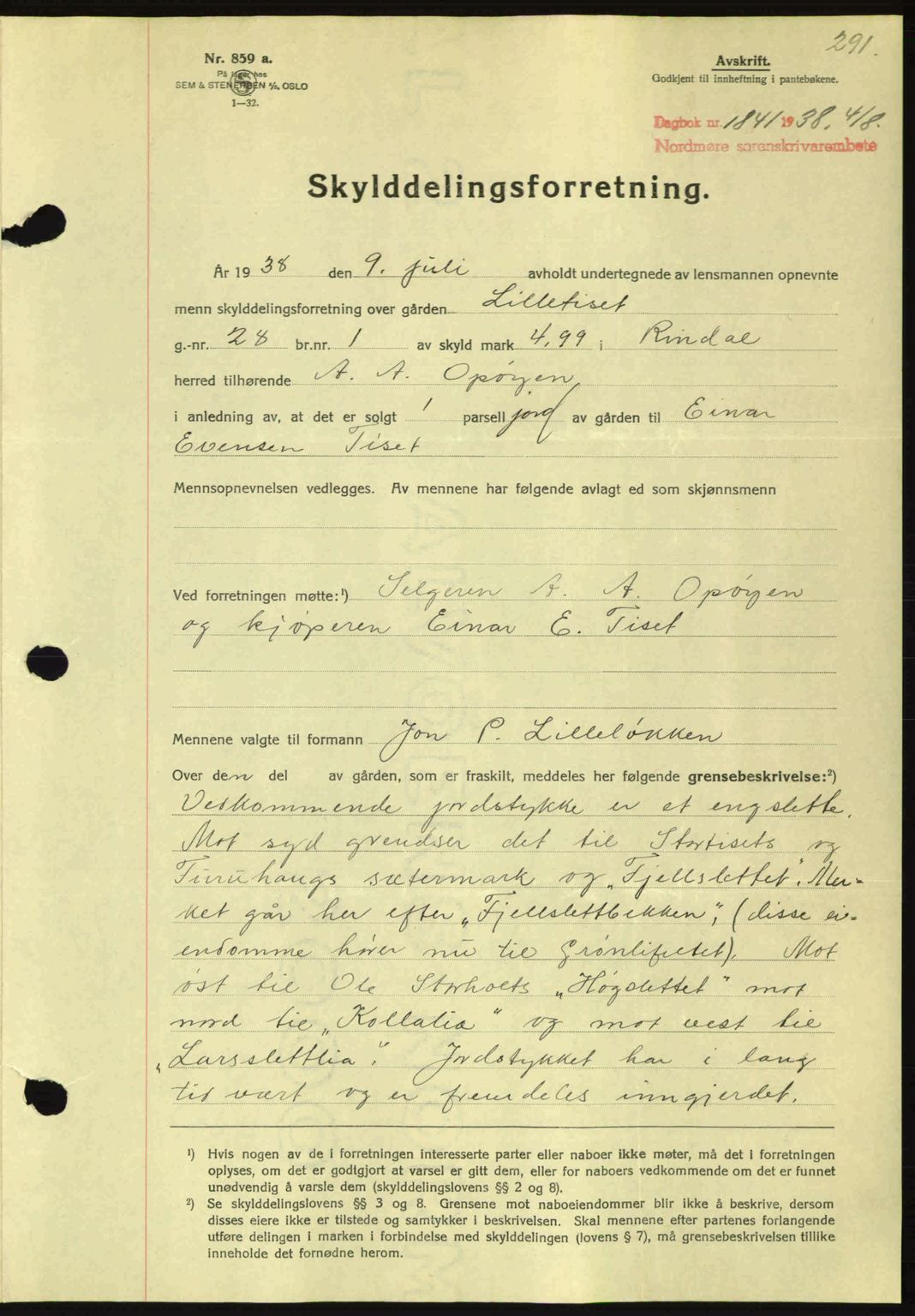 Nordmøre sorenskriveri, AV/SAT-A-4132/1/2/2Ca: Mortgage book no. A84, 1938-1938, Diary no: : 1841/1938