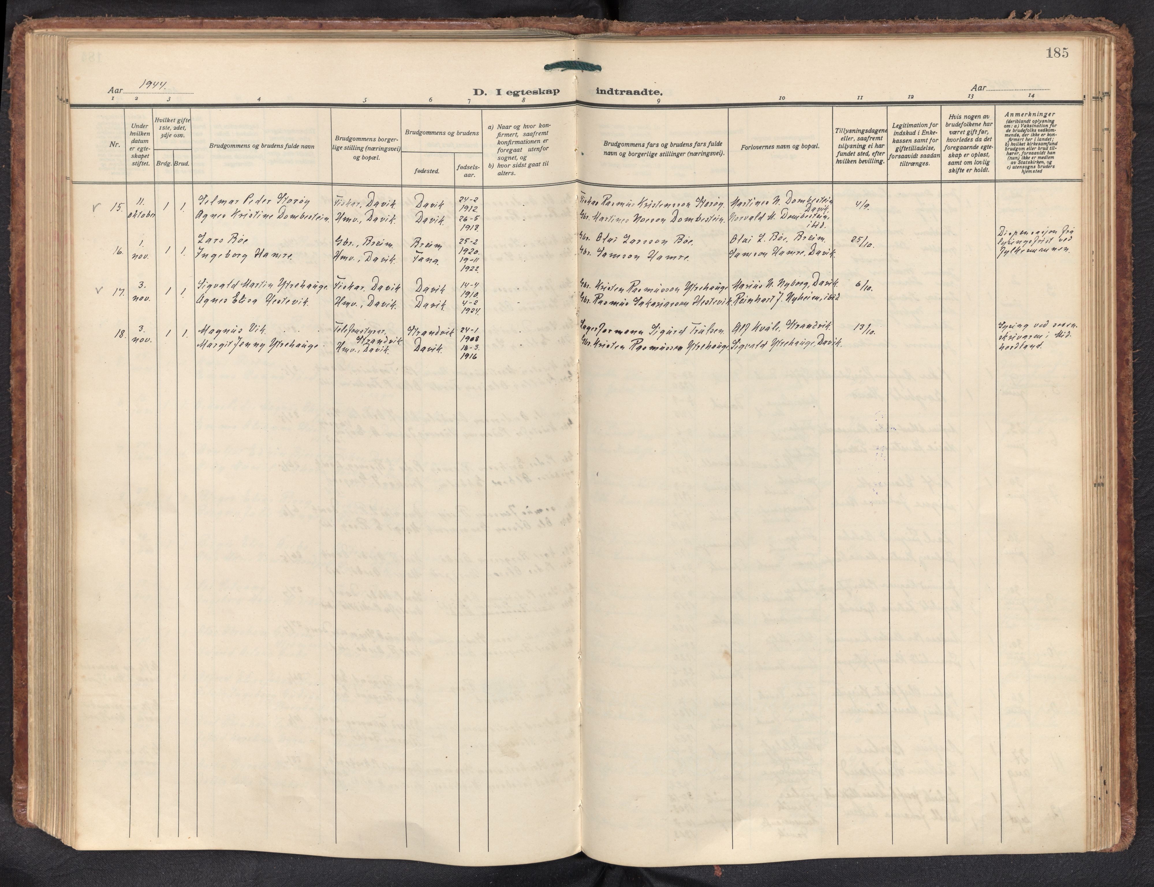 Davik sokneprestembete, AV/SAB-A-79701/H/Haa/Haad/L0003: Parish register (official) no. D 3, 1931-1952, p. 184b-185a