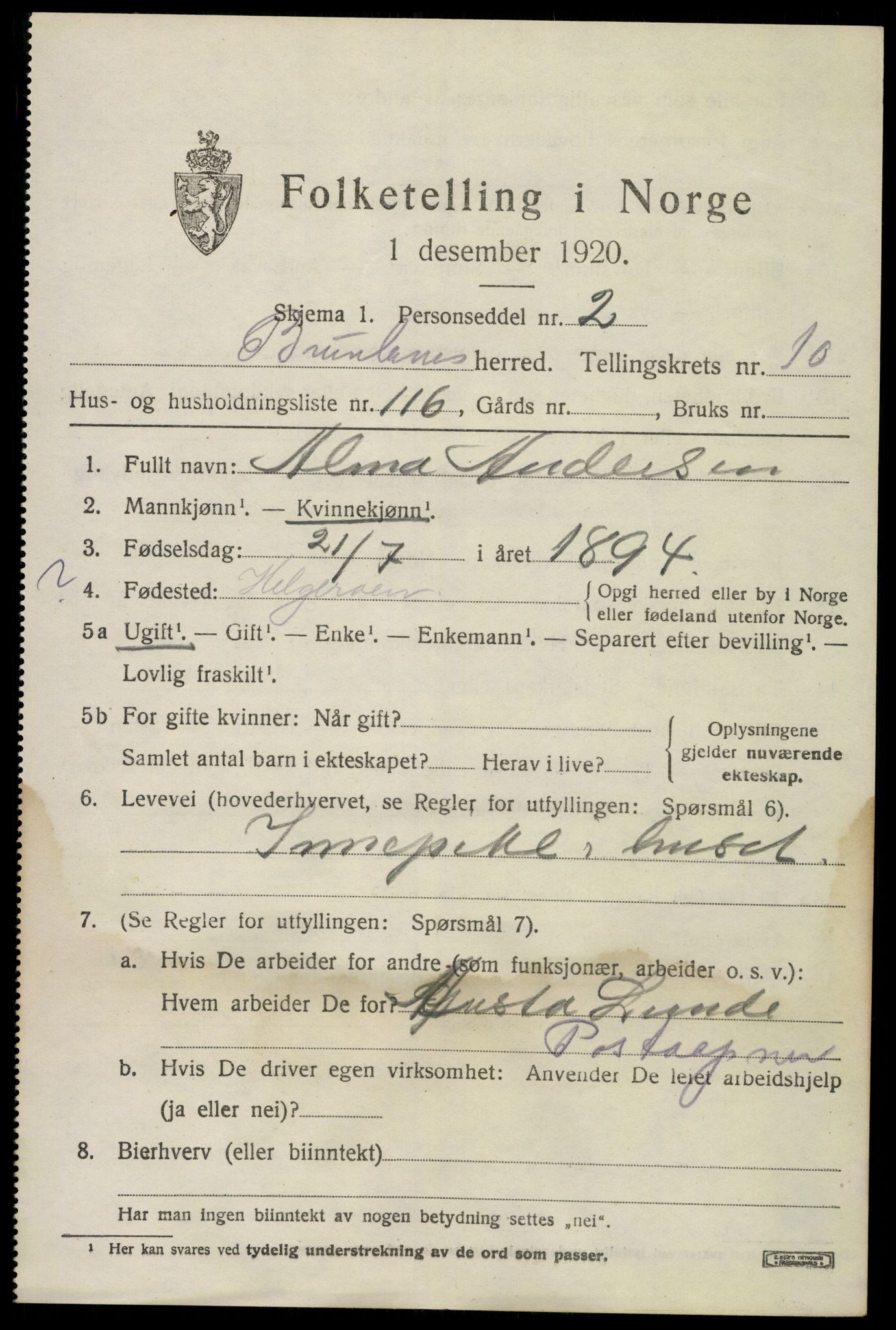 SAKO, 1920 census for Brunlanes, 1920, p. 9579