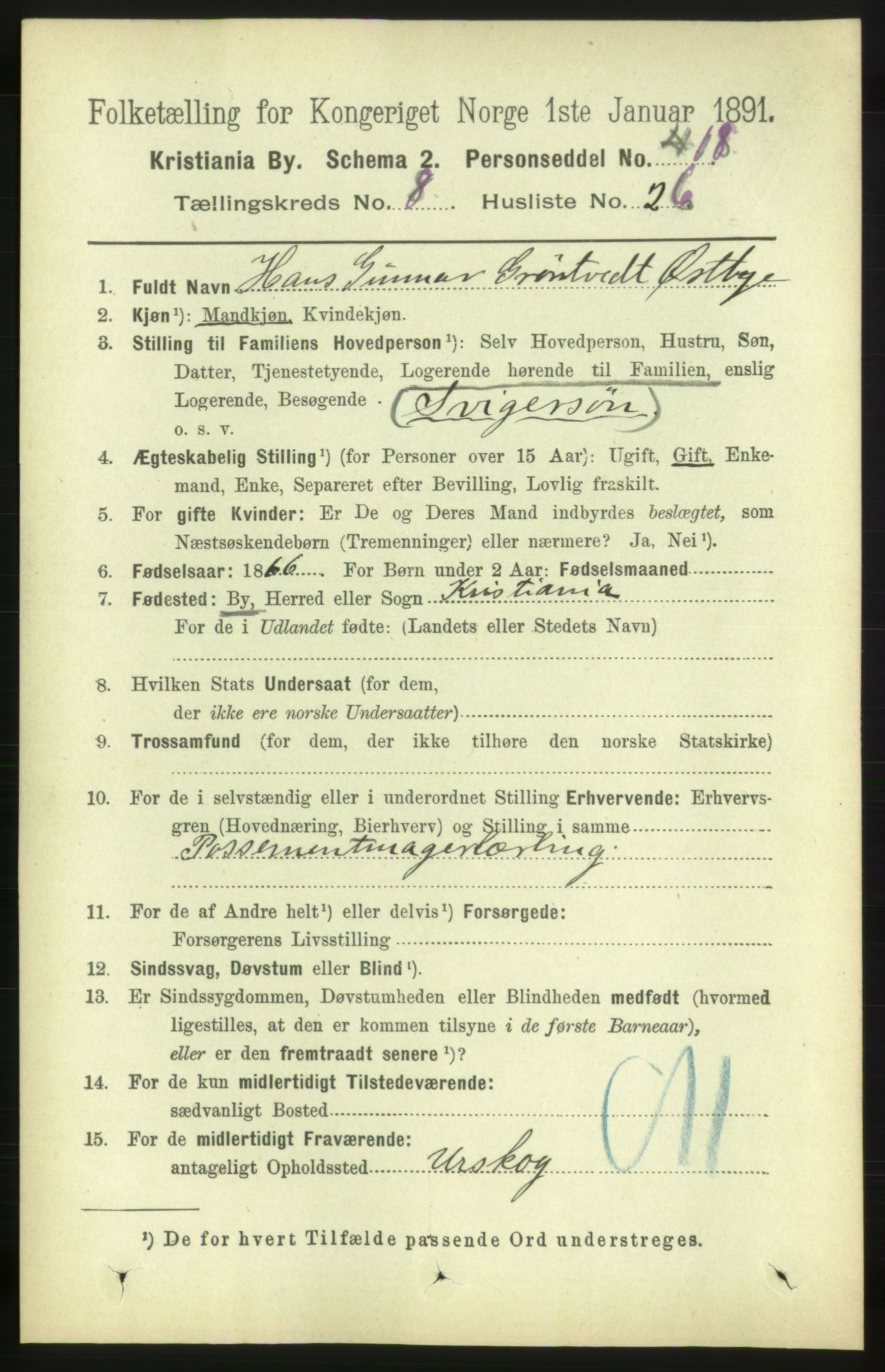 RA, 1891 census for 0301 Kristiania, 1891, p. 3926