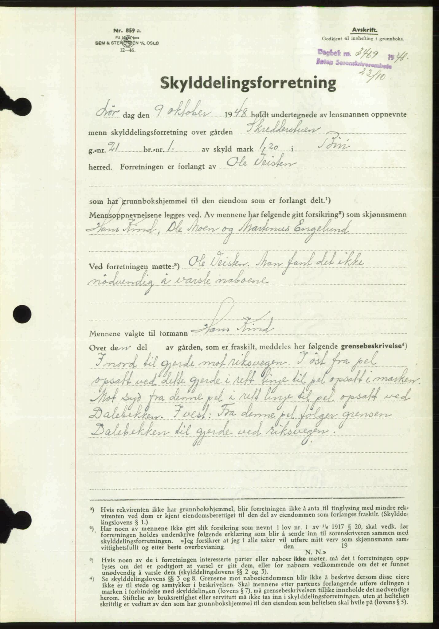 Toten tingrett, SAH/TING-006/H/Hb/Hbc/L0020: Mortgage book no. Hbc-20, 1948-1948, Diary no: : 3469/1948