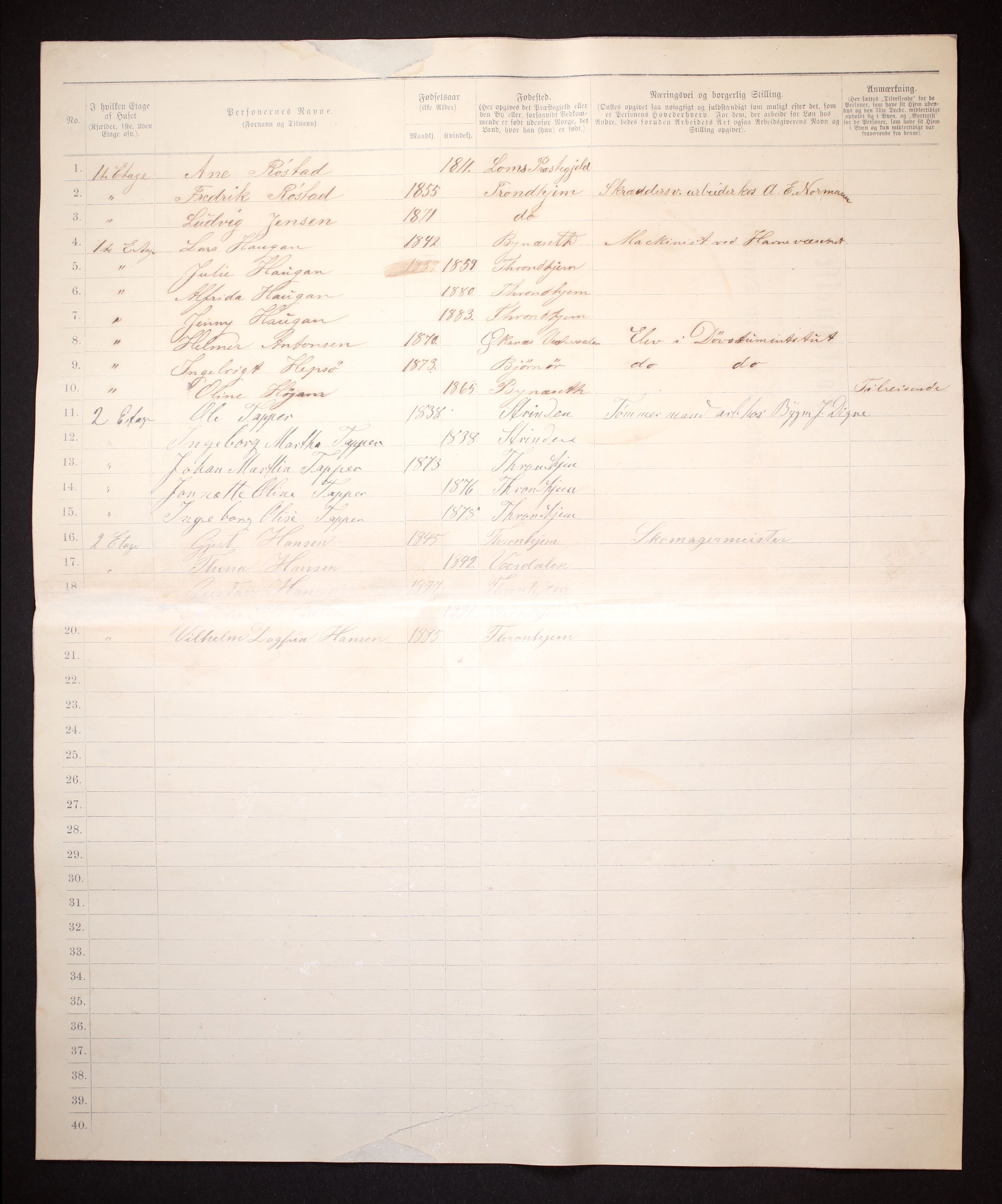 SAT, 1885 census for 1601 Trondheim, 1885, p. 2020