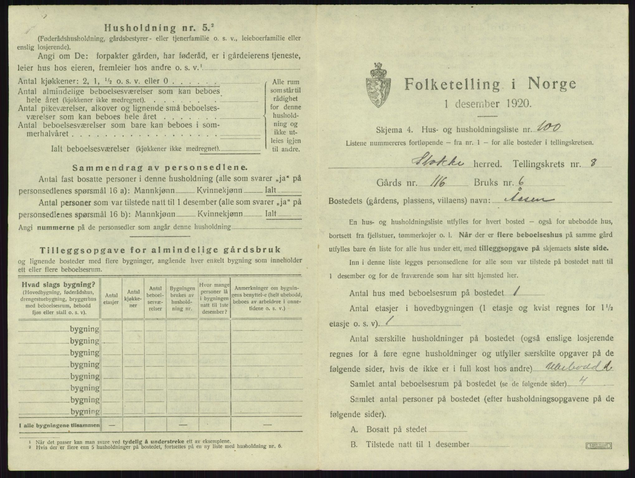 SAKO, 1920 census for Stokke, 1920, p. 1658