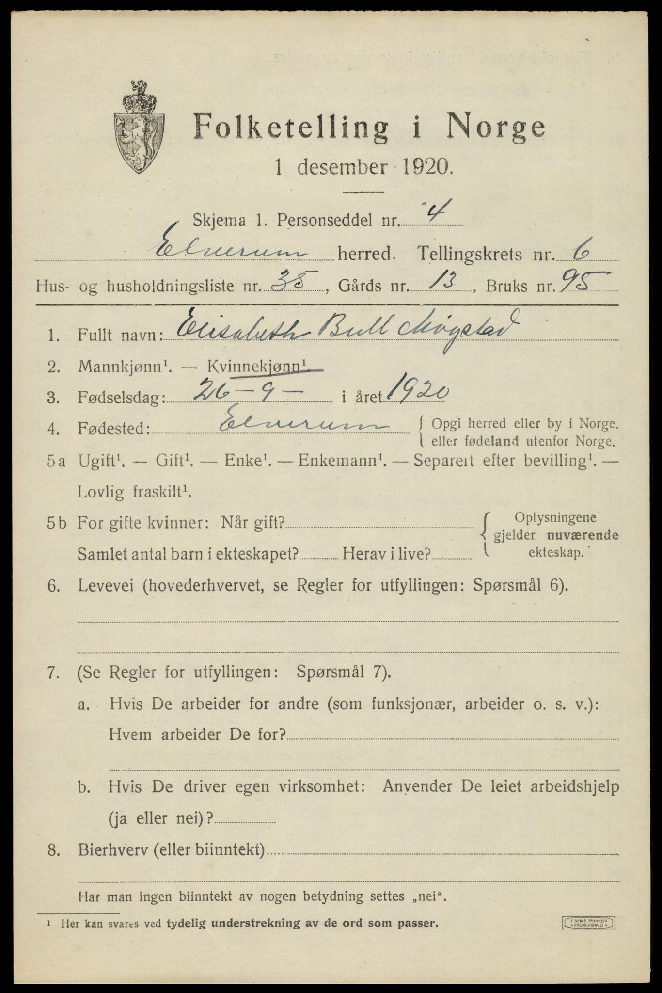 SAH, 1920 census for Elverum, 1920, p. 9706