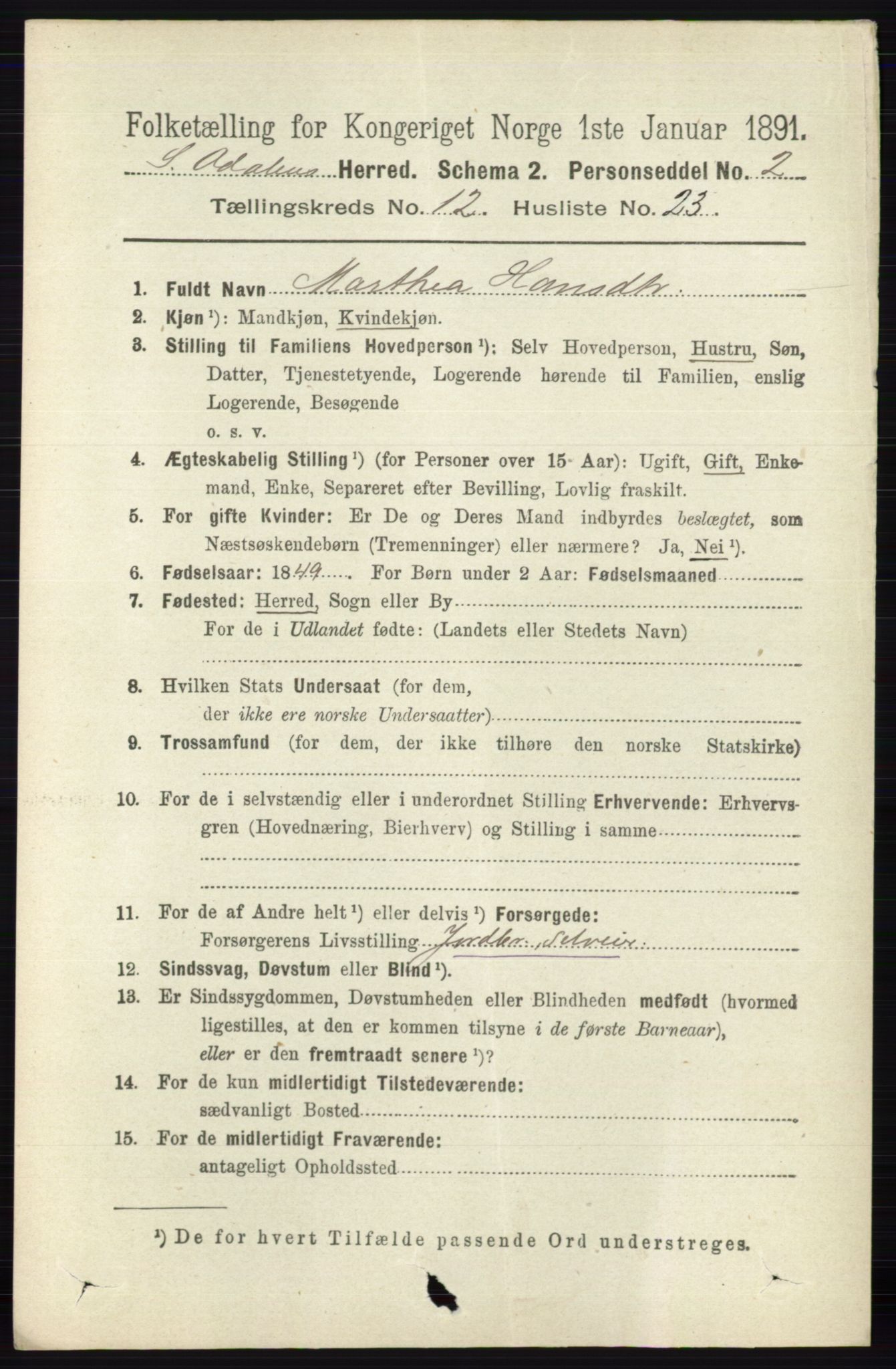 RA, 1891 census for 0419 Sør-Odal, 1891, p. 5499