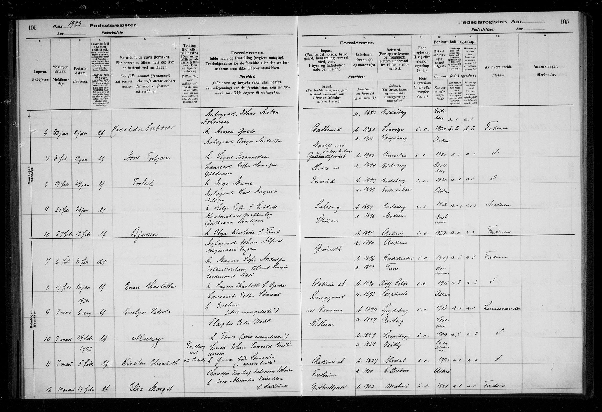 Askim prestekontor Kirkebøker, AV/SAO-A-10900/J/Ja/L0001: Birth register no. 1, 1916-1929, p. 105