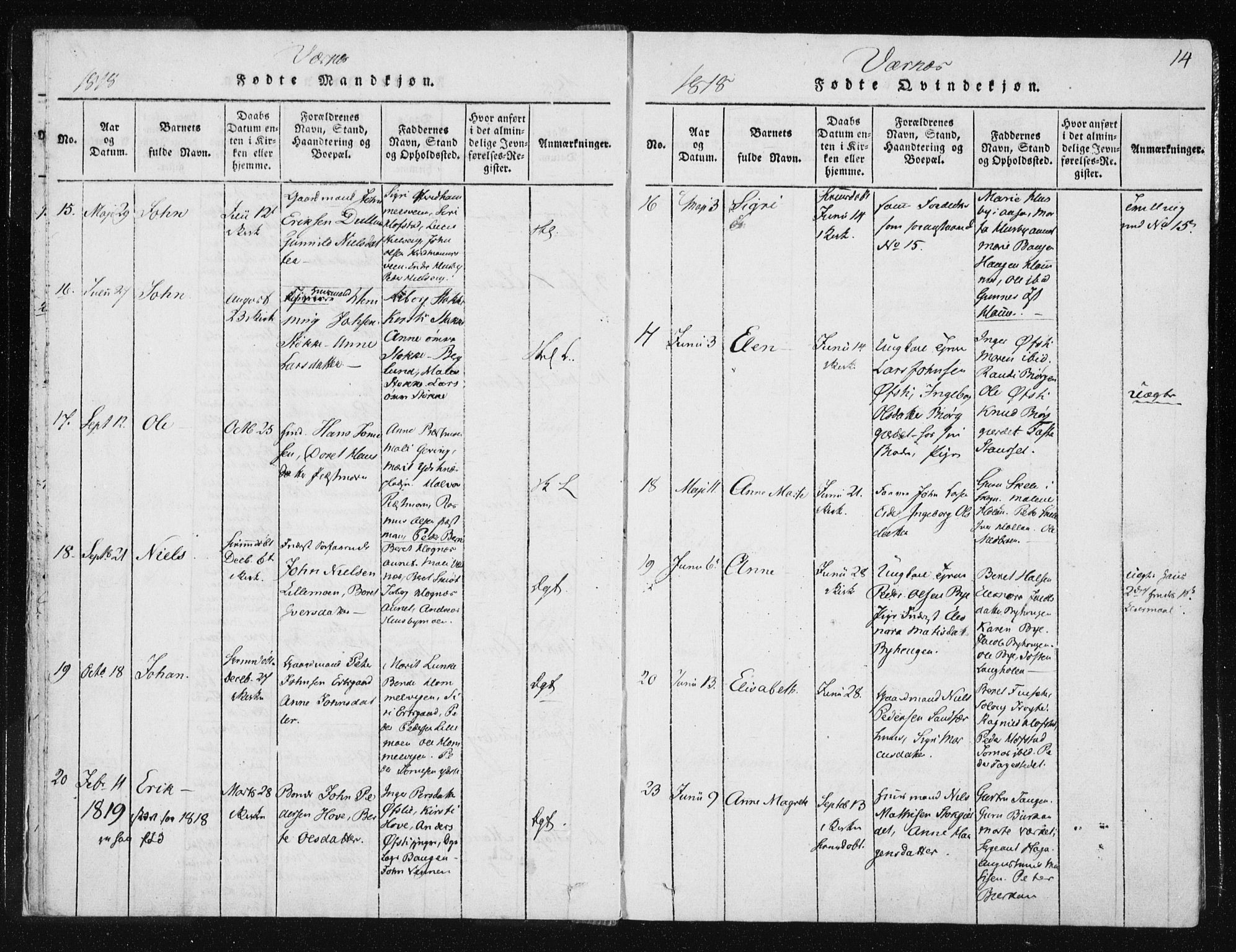 Ministerialprotokoller, klokkerbøker og fødselsregistre - Nord-Trøndelag, AV/SAT-A-1458/709/L0061: Parish register (official) no. 709A08 /1, 1815-1819, p. 14