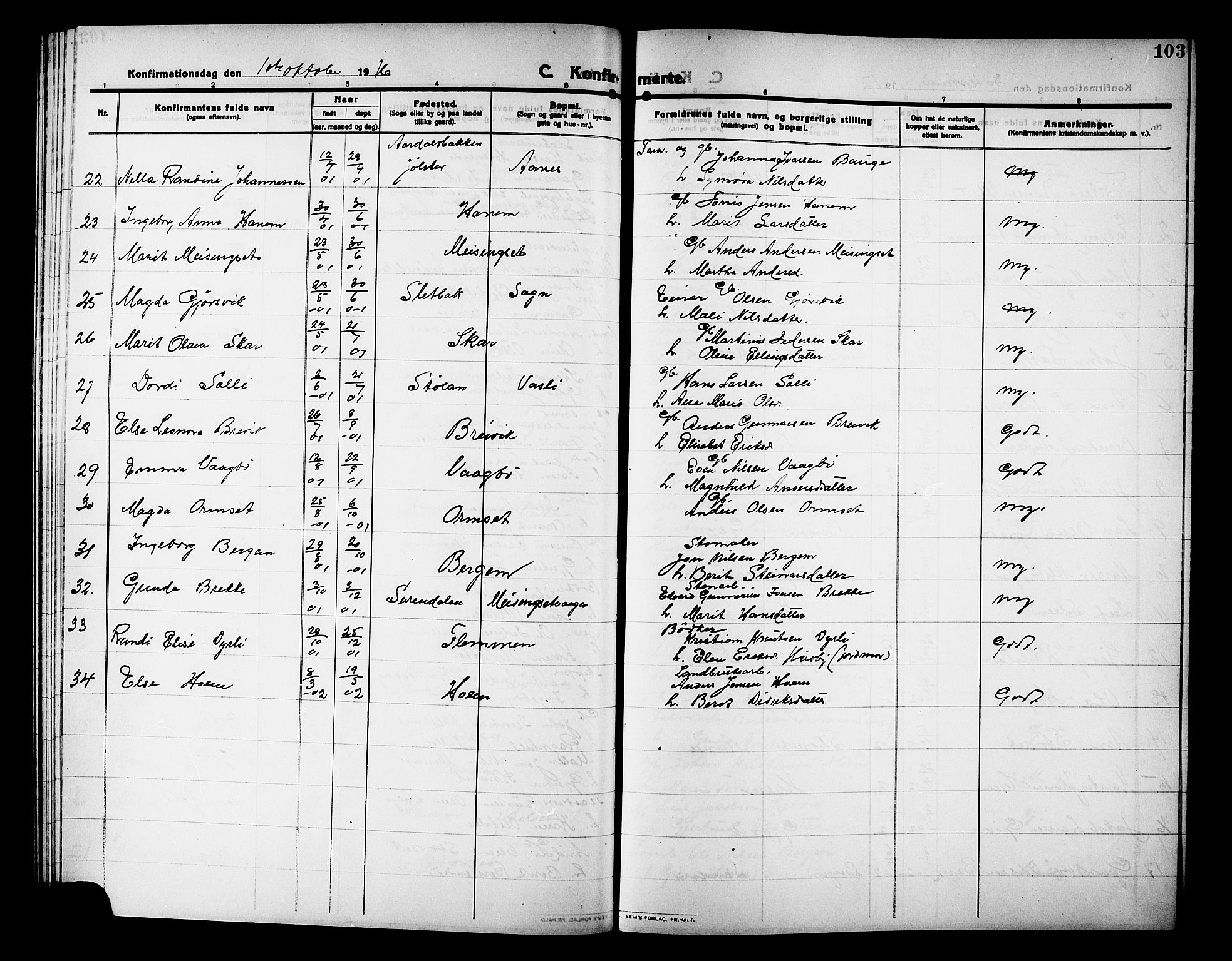 Ministerialprotokoller, klokkerbøker og fødselsregistre - Møre og Romsdal, AV/SAT-A-1454/586/L0993: Parish register (copy) no. 586C04, 1910-1918, p. 103