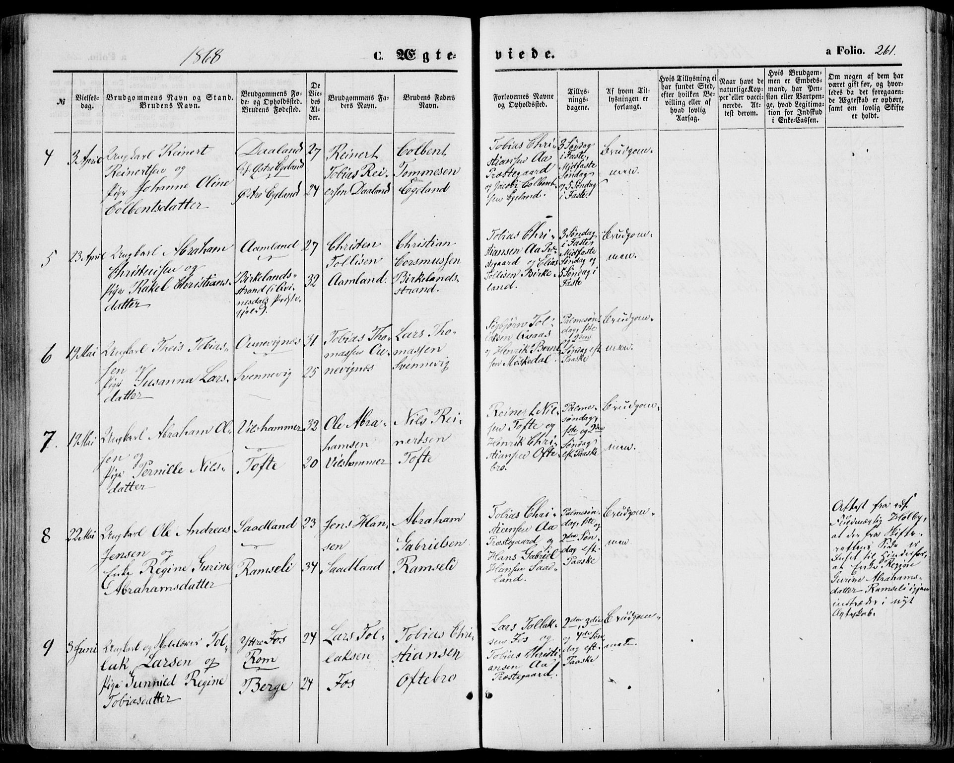 Lyngdal sokneprestkontor, SAK/1111-0029/F/Fa/Fac/L0010: Parish register (official) no. A 10, 1865-1878, p. 261