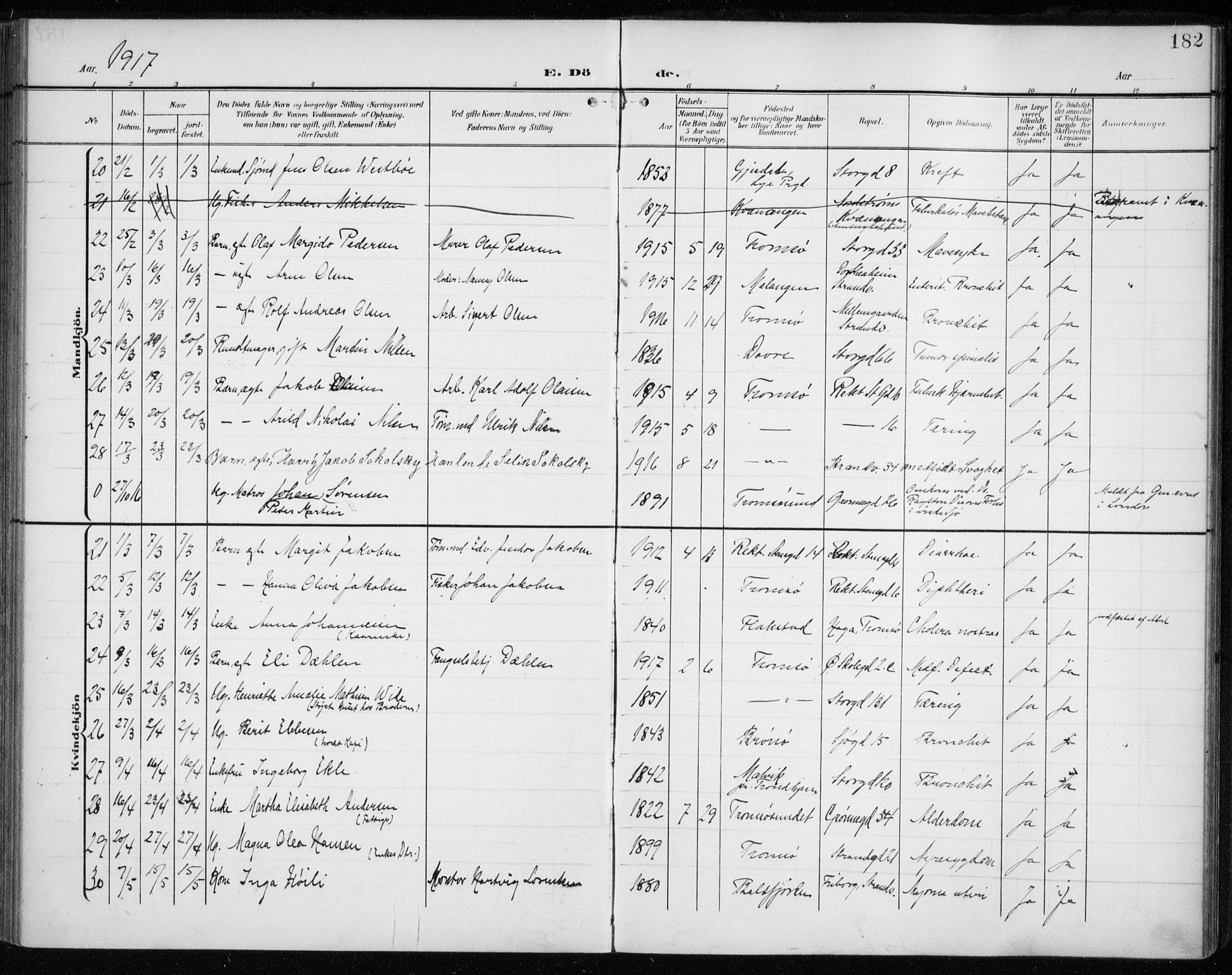 Tromsø sokneprestkontor/stiftsprosti/domprosti, AV/SATØ-S-1343/G/Ga/L0018kirke: Parish register (official) no. 18, 1907-1917, p. 182