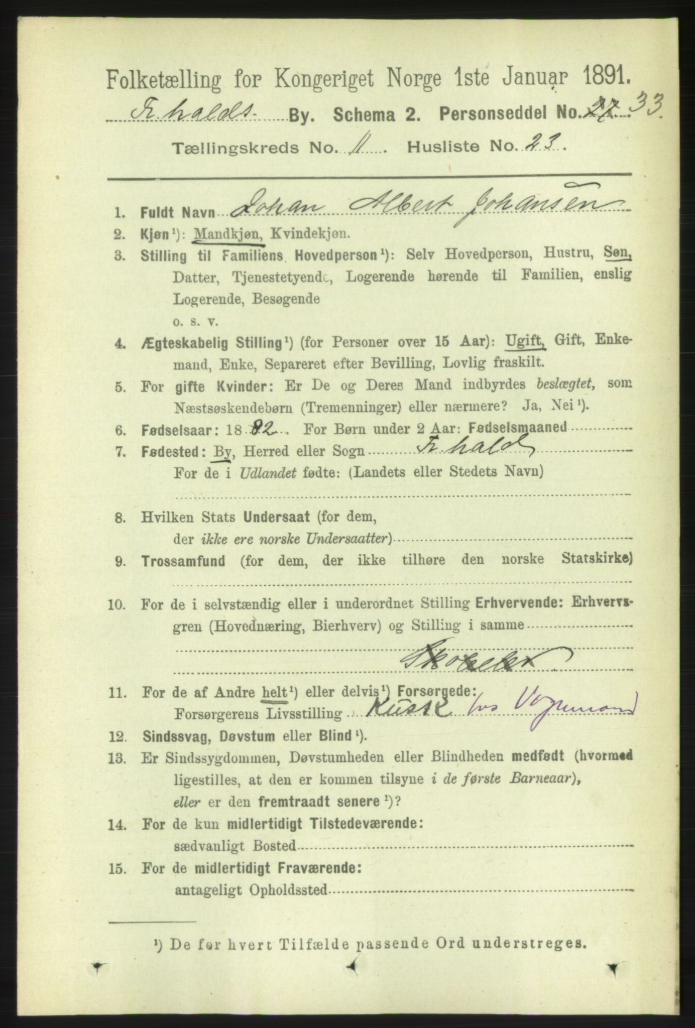 RA, 1891 census for 0101 Fredrikshald, 1891, p. 7954