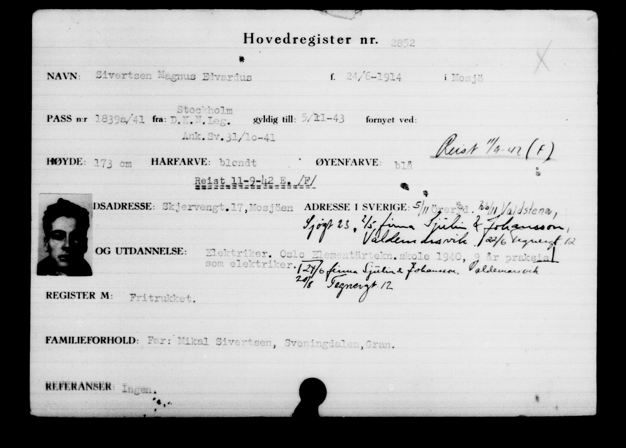 Utenriksstasjonene, Legasjonen i Stockholm, Flyktningkontoret, AV/RA-S-6753/V/Va/L0003: Kjesäterkartoteket, flyktninger med registreringsnr. 2001-3495, 1940-1945, p. 1250