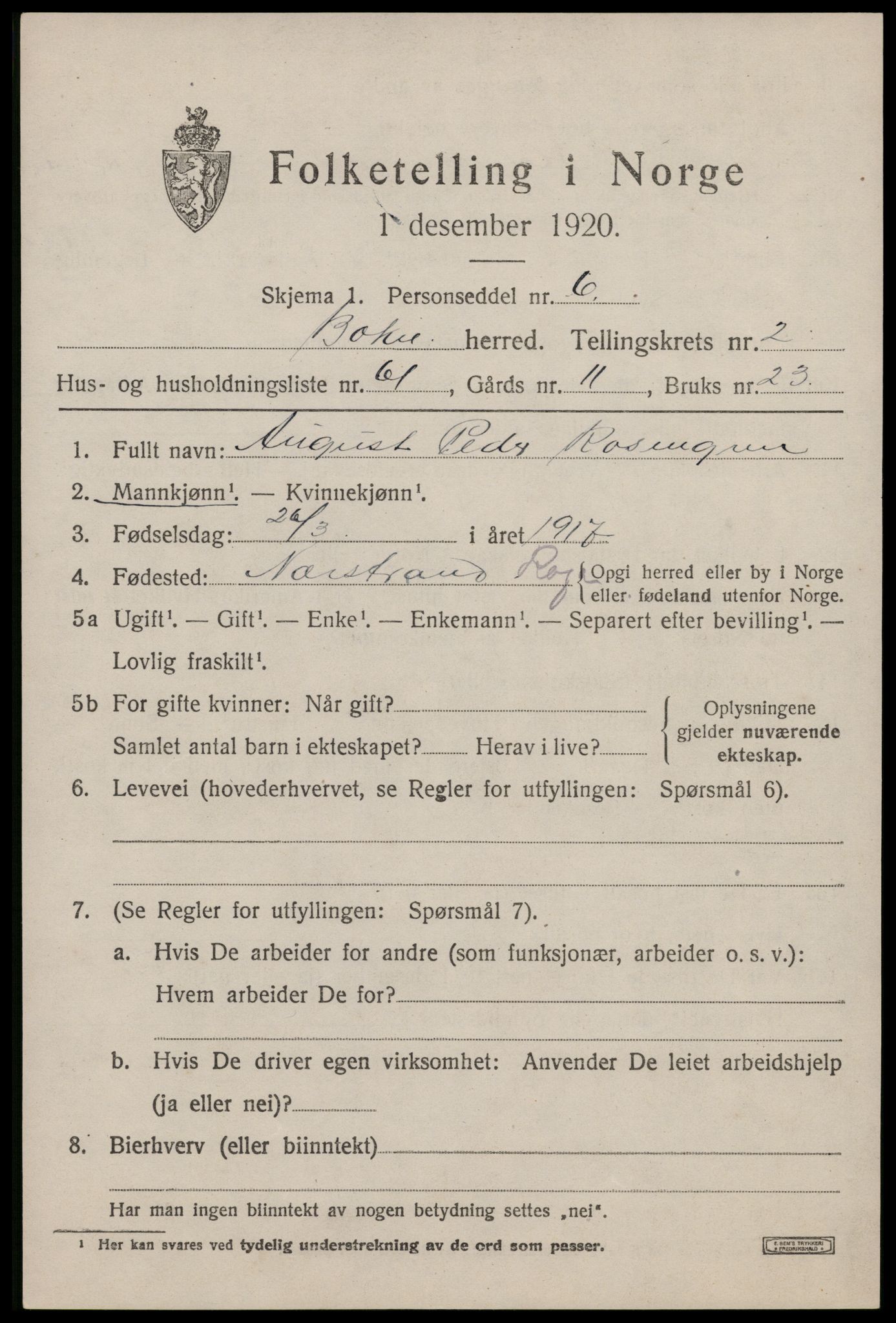 SAST, 1920 census for Bokn, 1920, p. 1322