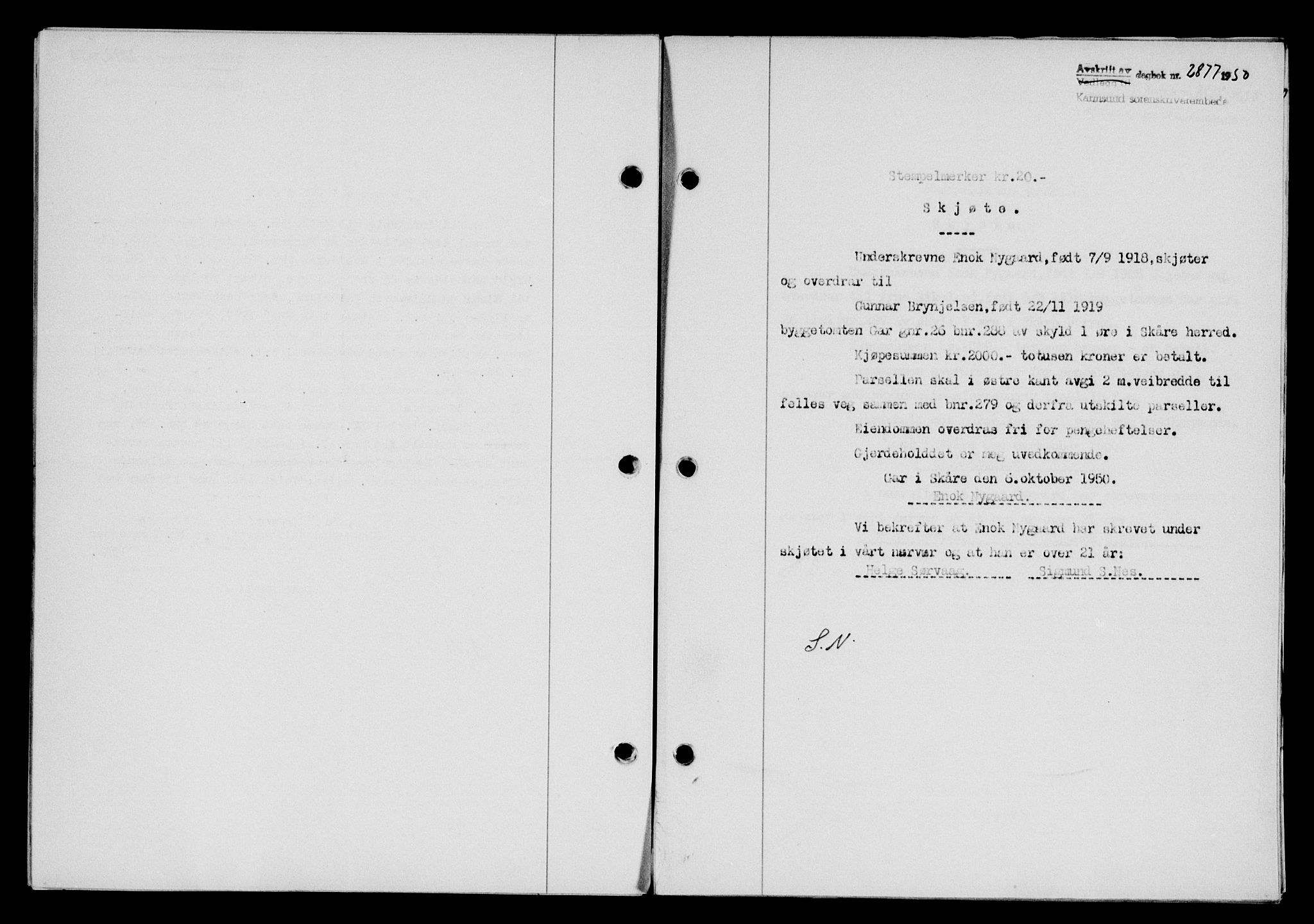 Karmsund sorenskriveri, SAST/A-100311/01/II/IIB/L0101: Mortgage book no. 81A, 1950-1951, Diary no: : 2877/1950