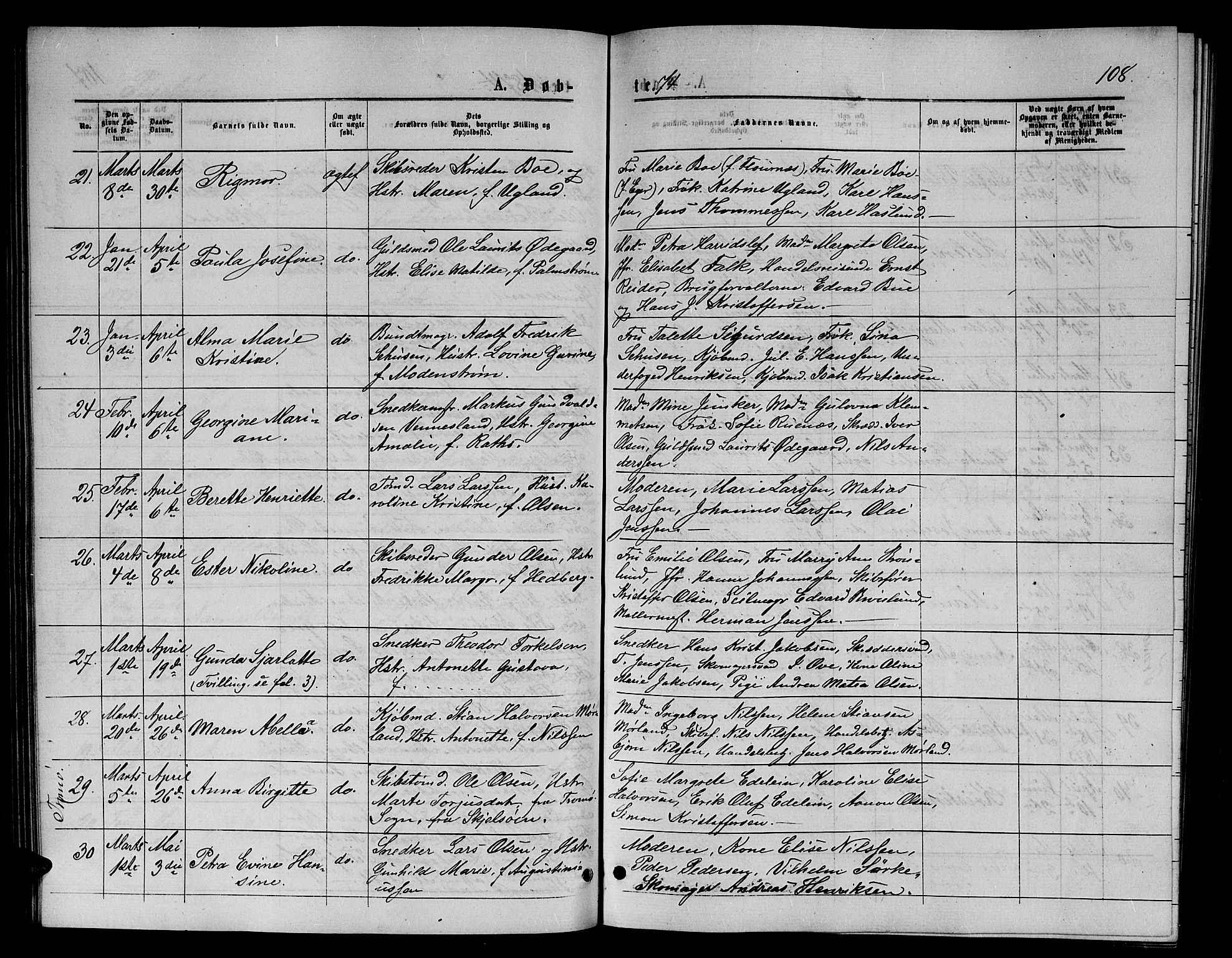 Arendal sokneprestkontor, Trefoldighet, SAK/1111-0040/F/Fb/L0005: Parish register (copy) no. B 5, 1874-1888, p. 108