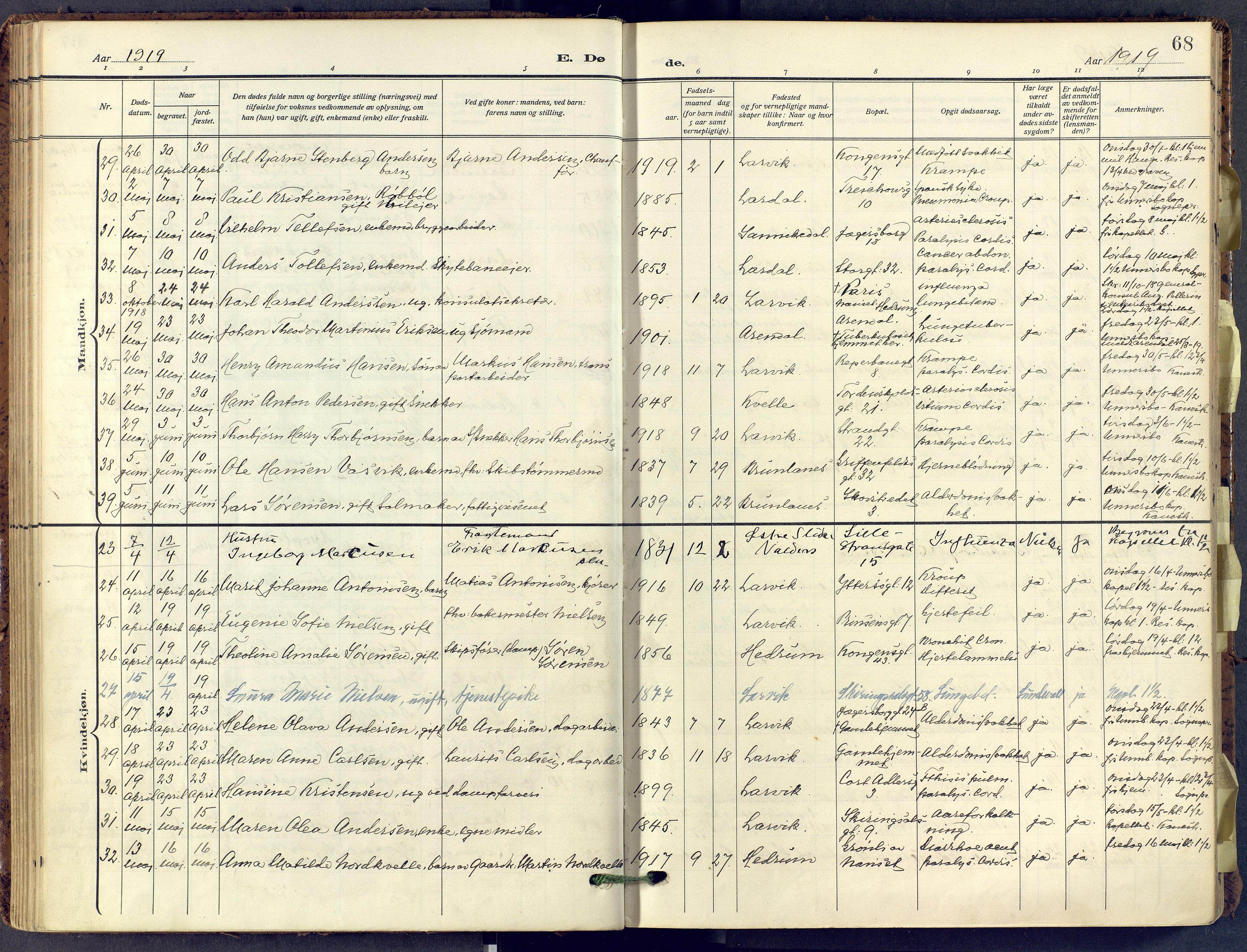 Larvik kirkebøker, AV/SAKO-A-352/F/Fa/L0013: Parish register (official) no. I 13, 1910-1960, p. 68