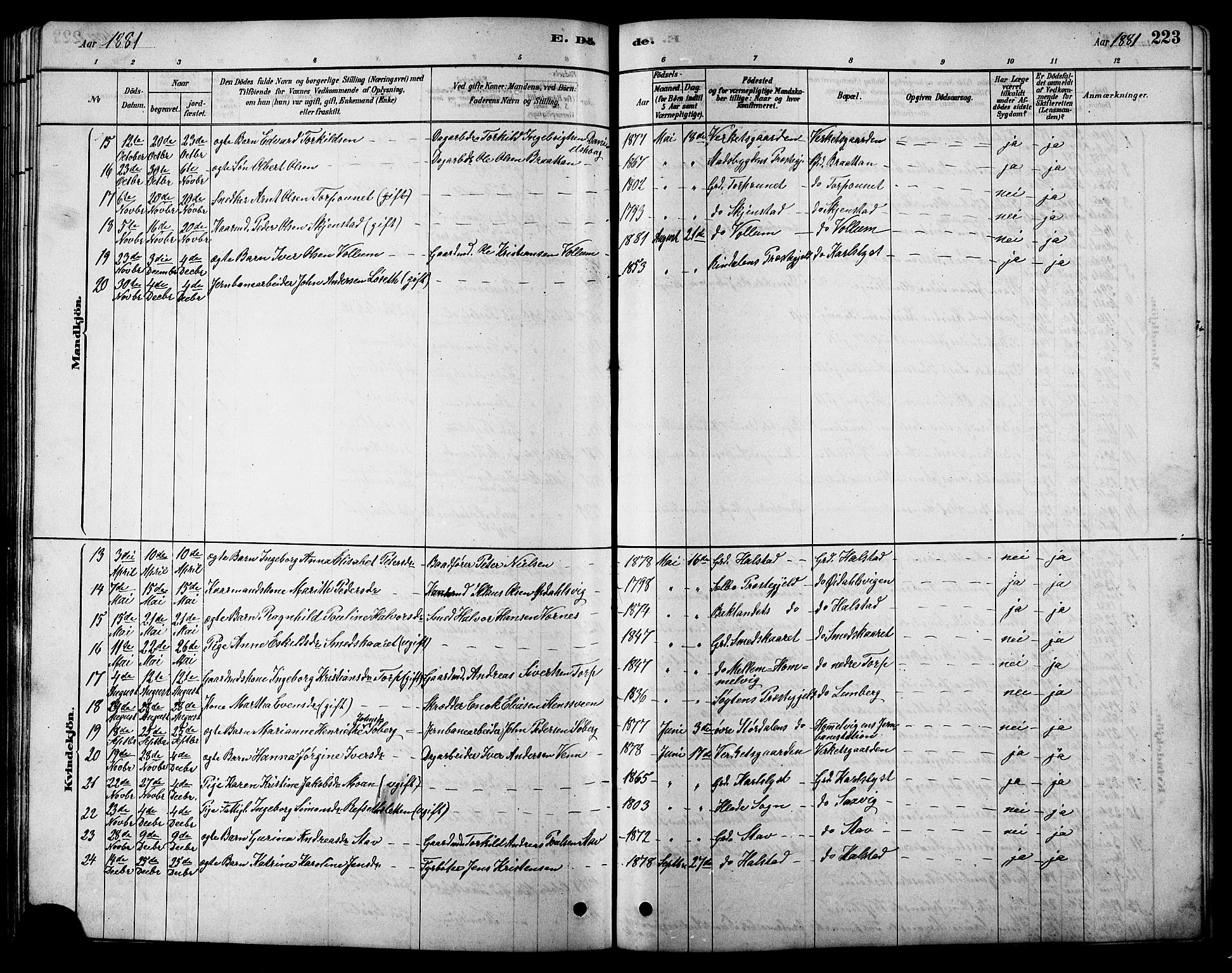 Ministerialprotokoller, klokkerbøker og fødselsregistre - Sør-Trøndelag, SAT/A-1456/616/L0423: Parish register (copy) no. 616C06, 1878-1903, p. 223
