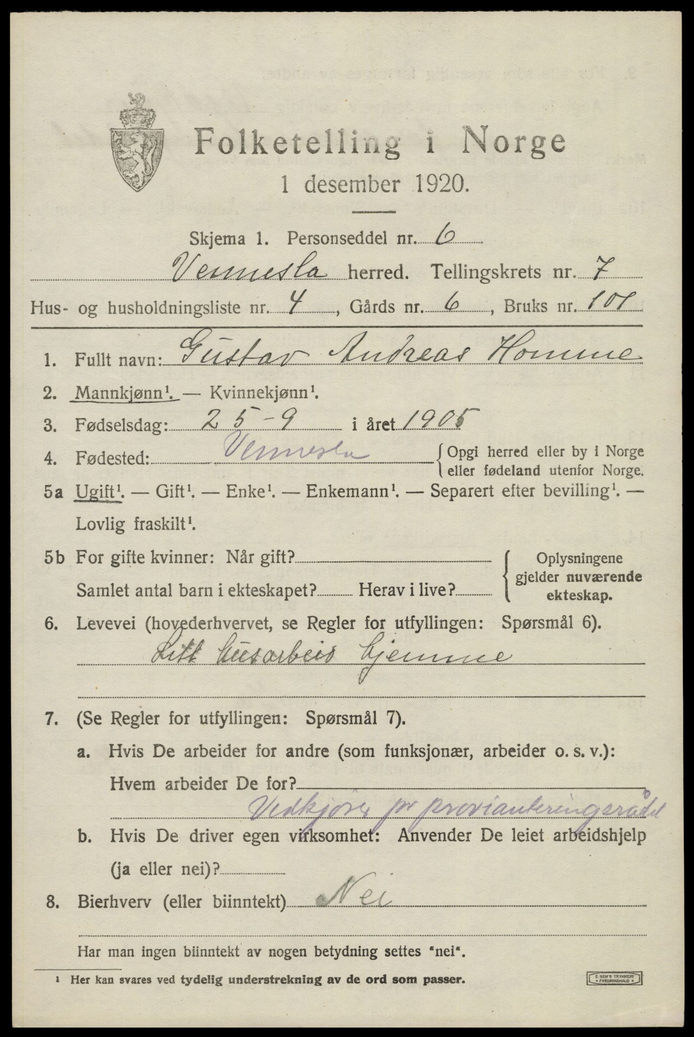 SAK, 1920 census for Vennesla, 1920, p. 4786