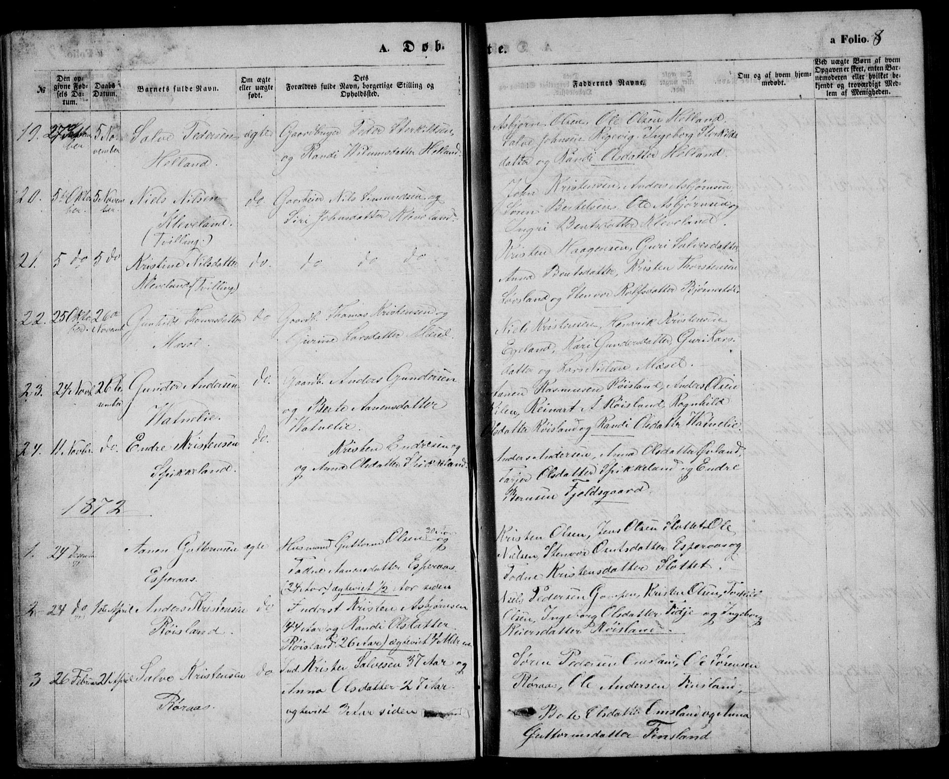 Bjelland sokneprestkontor, AV/SAK-1111-0005/F/Fb/Fbb/L0004: Parish register (copy) no. B 4, 1867-1887, p. 8