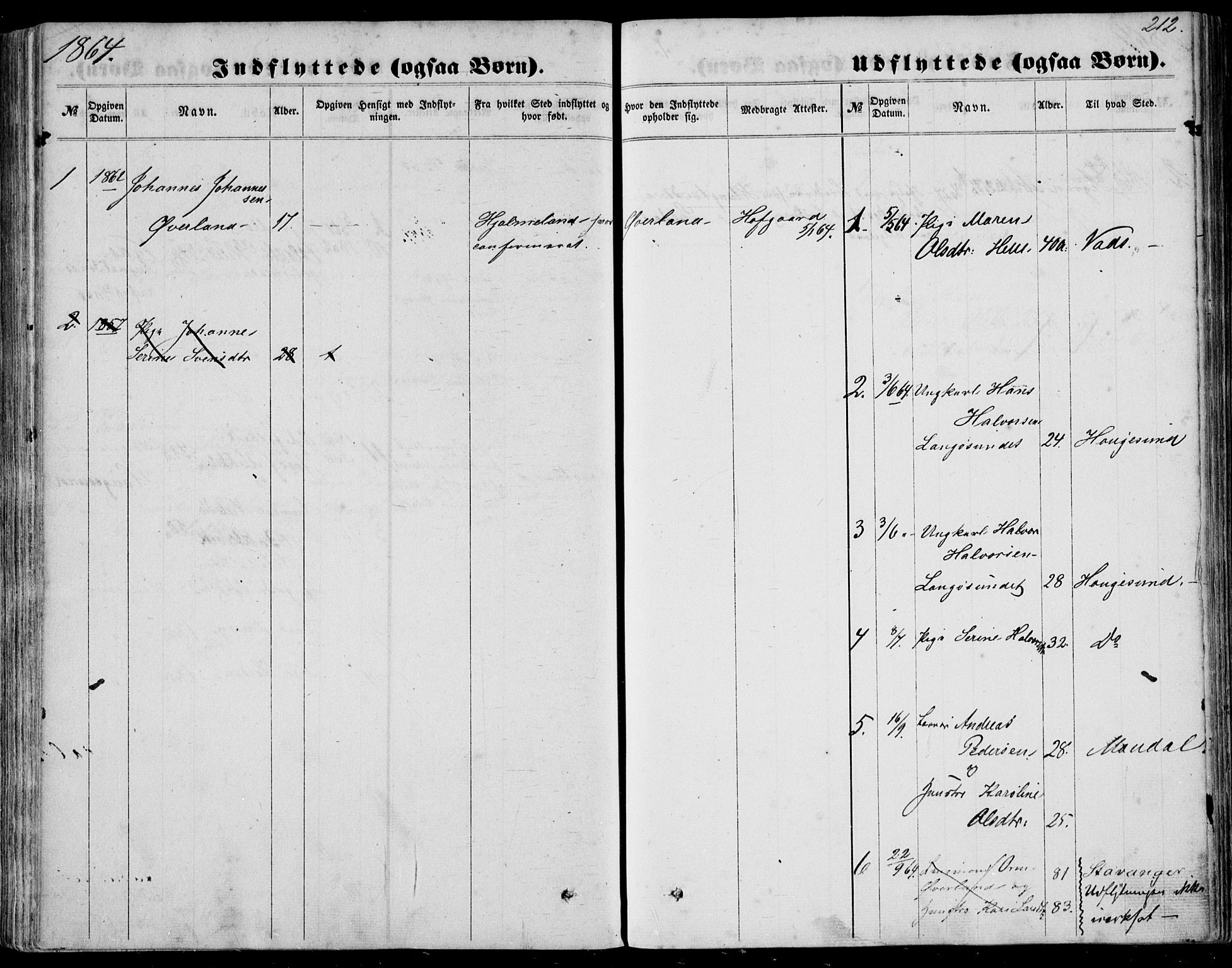 Nedstrand sokneprestkontor, SAST/A-101841/01/IV: Parish register (official) no. A 9, 1861-1876, p. 212