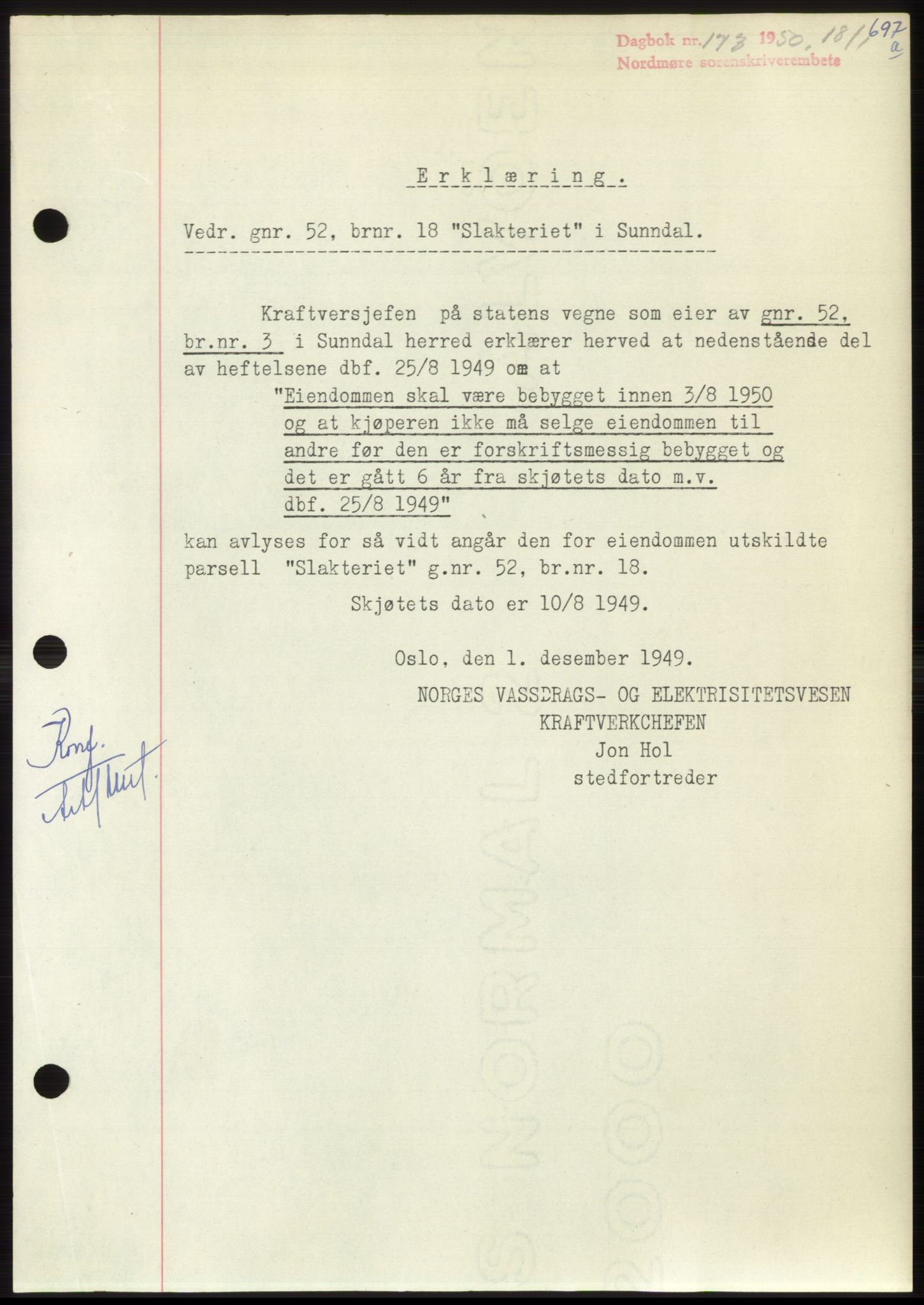 Nordmøre sorenskriveri, AV/SAT-A-4132/1/2/2Ca: Mortgage book no. B103, 1949-1950, Diary no: : 173/1950