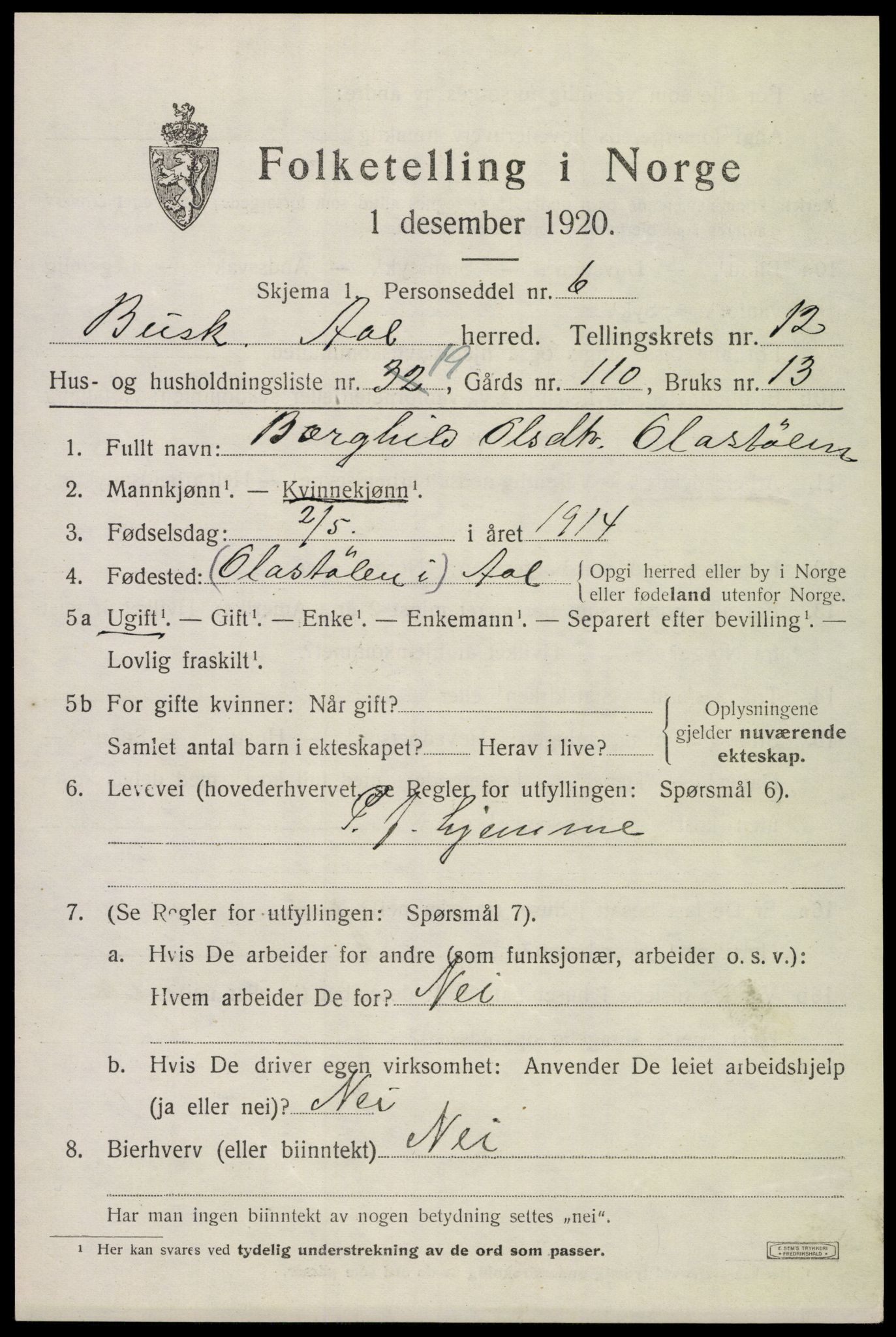 SAKO, 1920 census for Ål, 1920, p. 6852