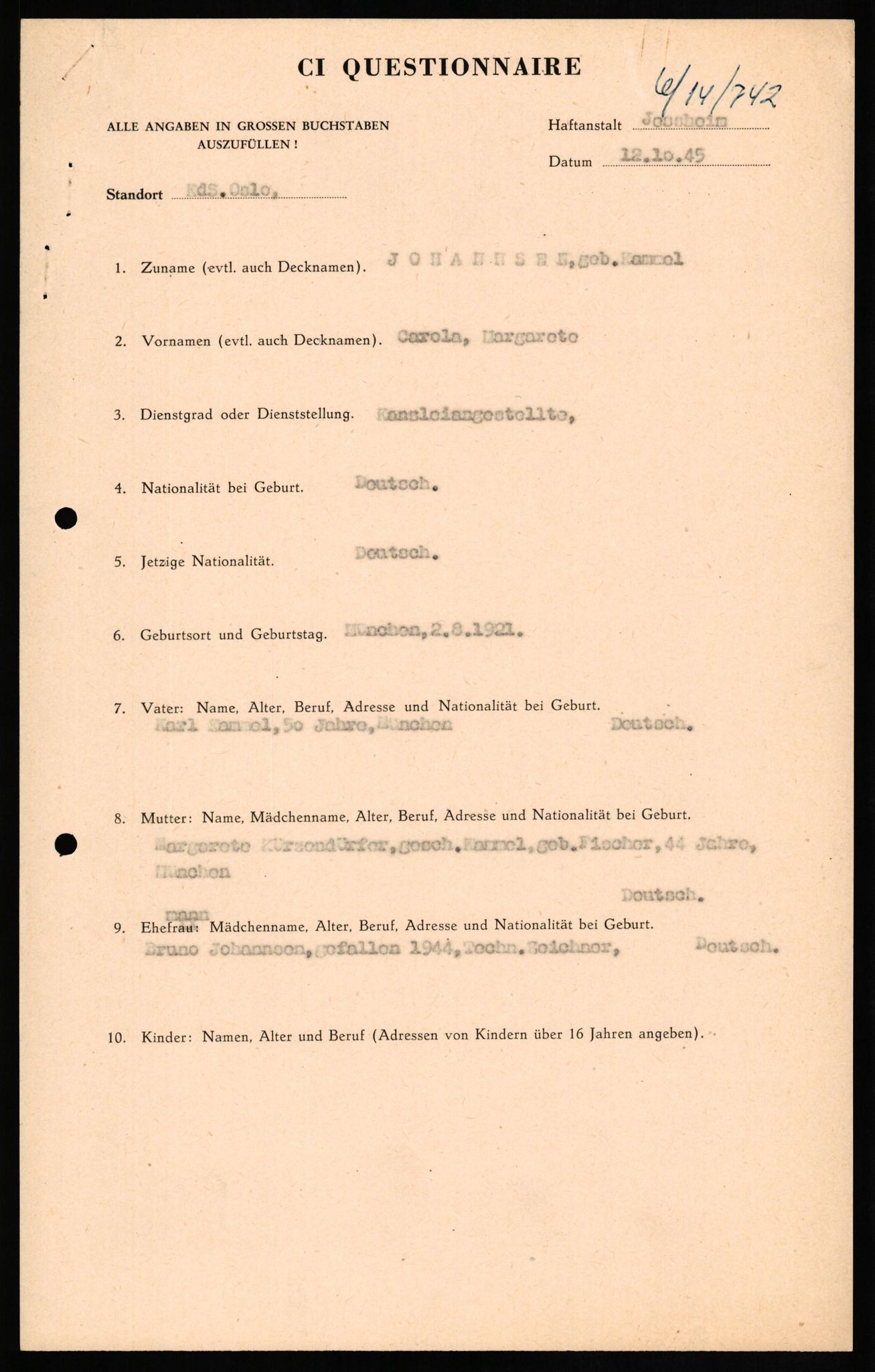 Forsvaret, Forsvarets overkommando II, AV/RA-RAFA-3915/D/Db/L0015: CI Questionaires. Tyske okkupasjonsstyrker i Norge. Tyskere., 1945-1946, p. 104