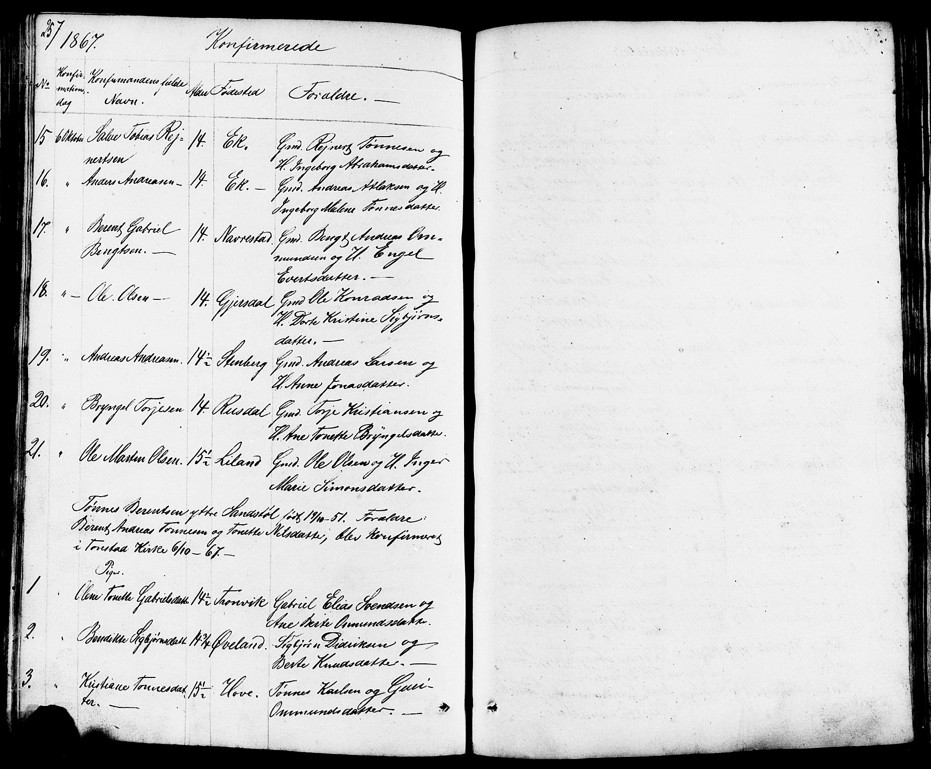 Lund sokneprestkontor, AV/SAST-A-101809/S07/L0003: Parish register (copy) no. B 3, 1848-1885, p. 257