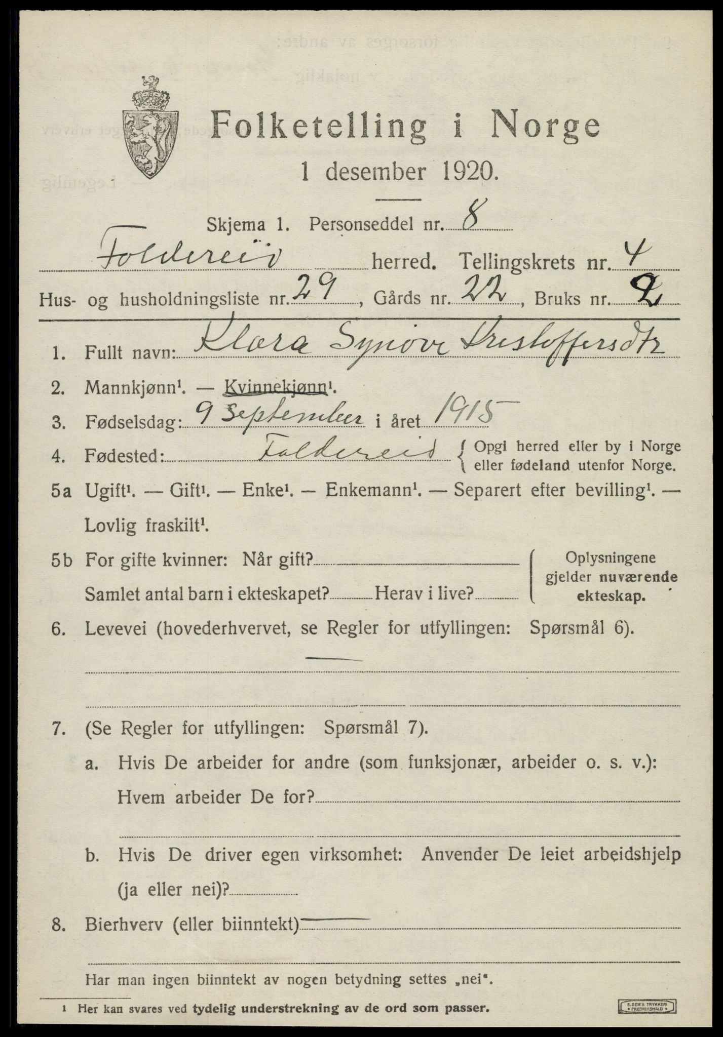 SAT, 1920 census for Foldereid, 1920, p. 1980