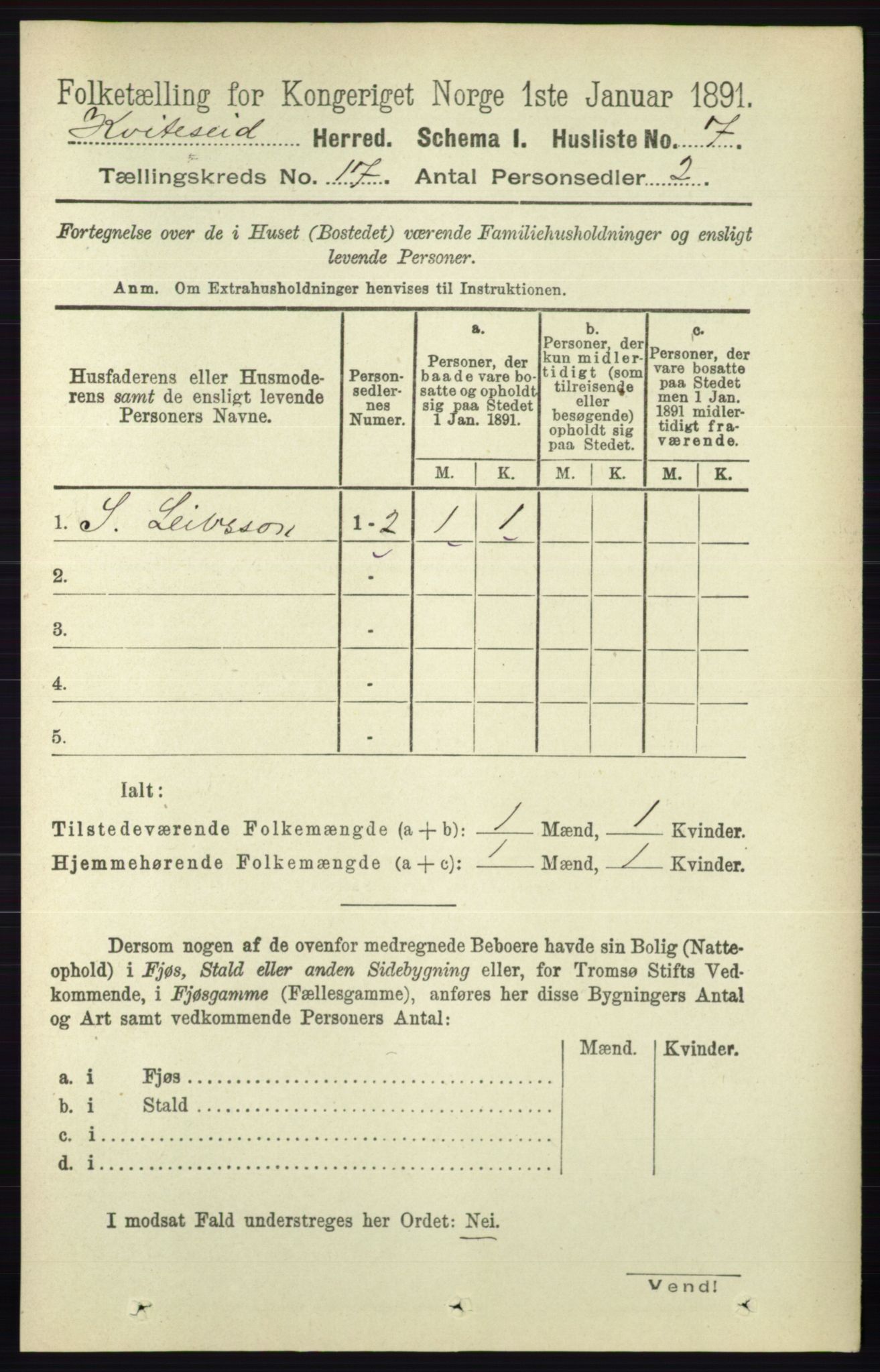 RA, 1891 census for 0829 Kviteseid, 1891, p. 3760