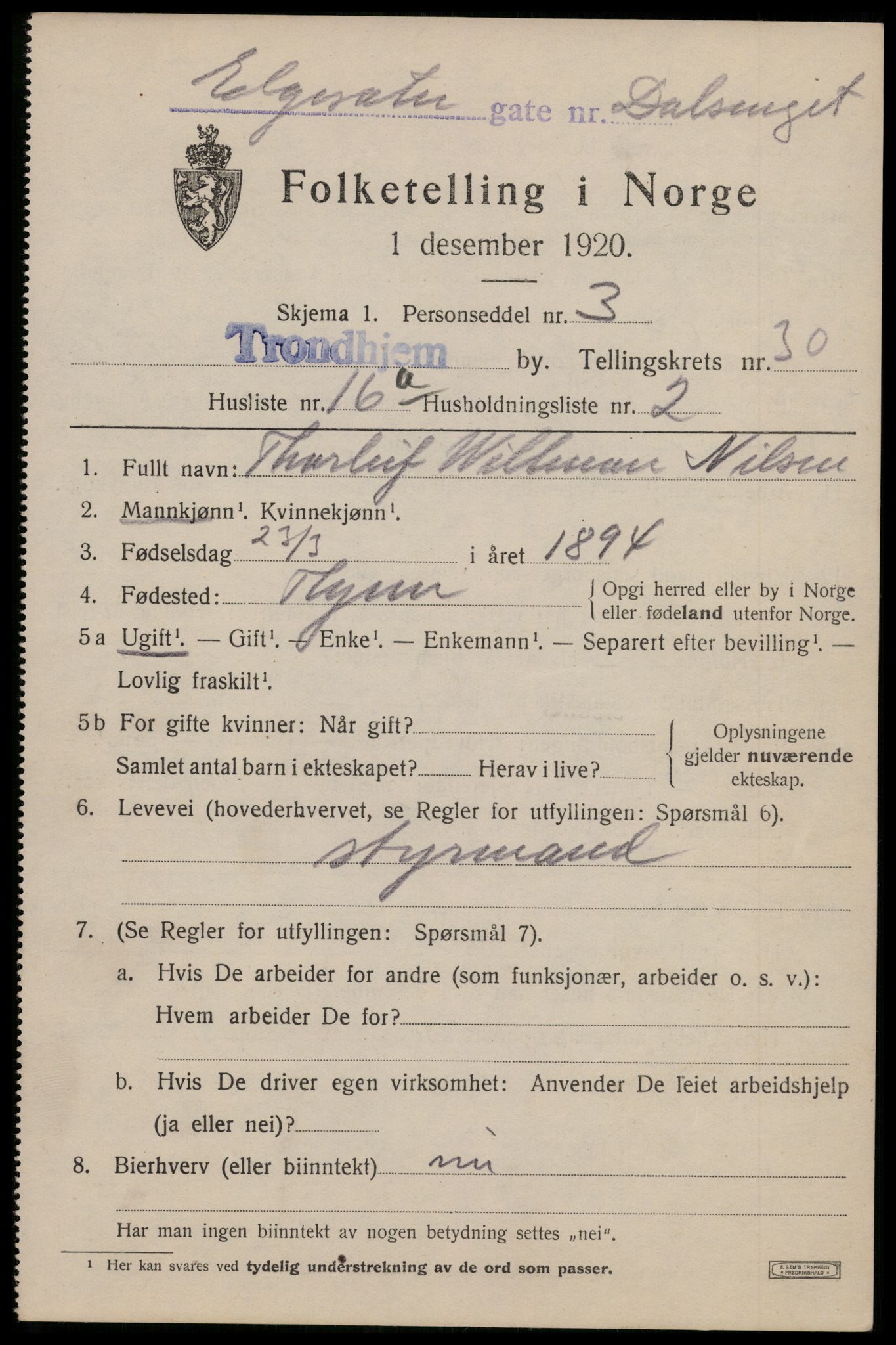 SAT, 1920 census for Trondheim, 1920, p. 74268