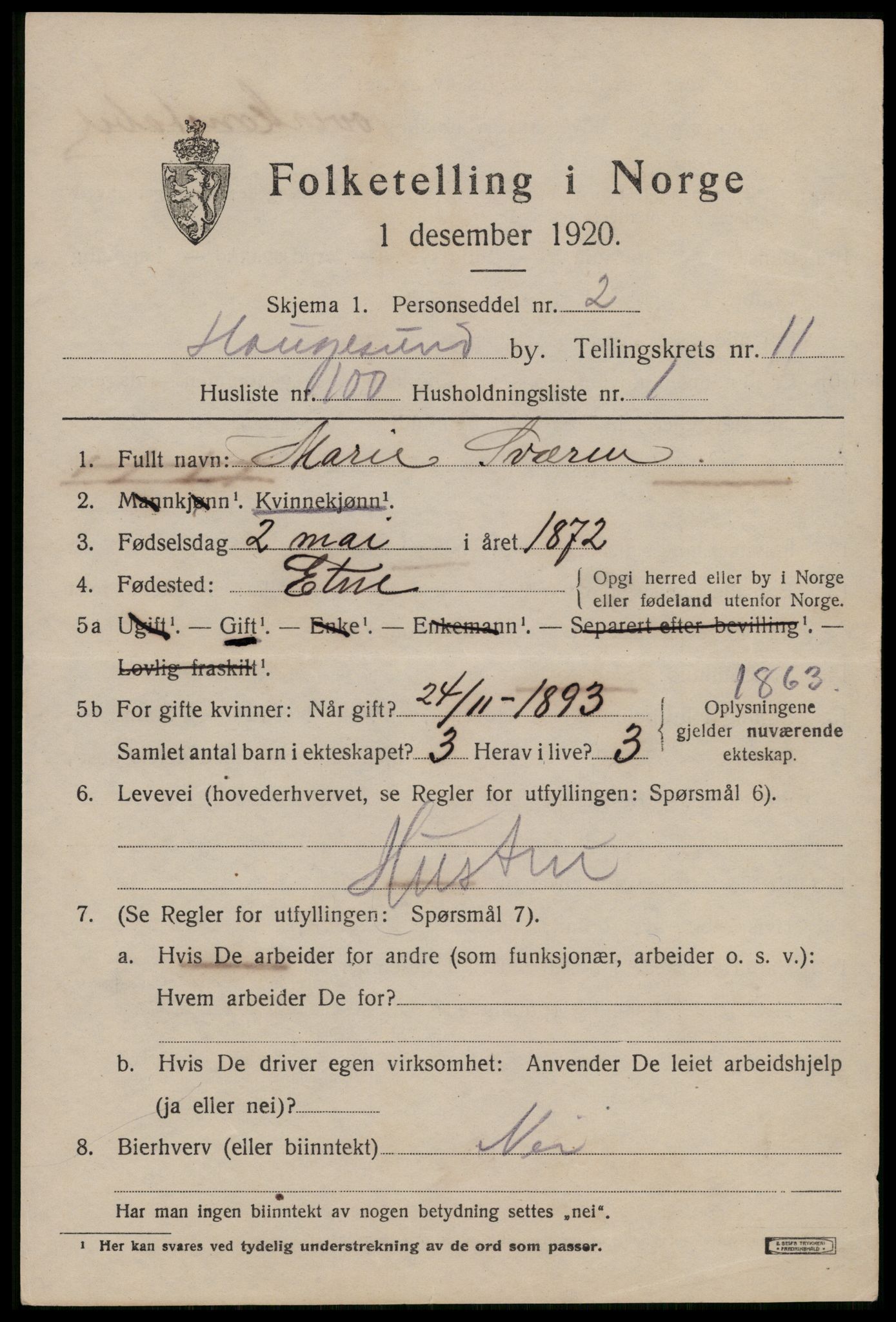 SAST, 1920 census for Haugesund, 1920, p. 37967