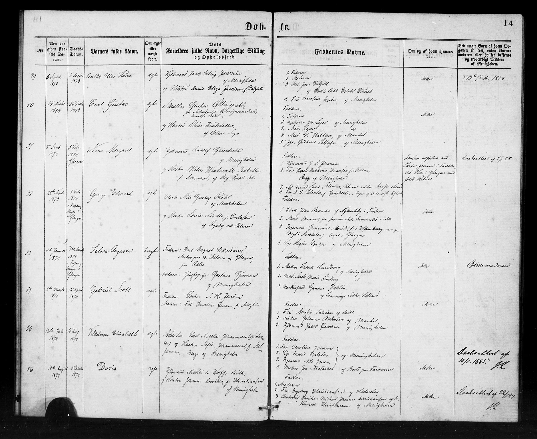 Den norske sjømannsmisjon i utlandet/Skotske havner (Leith, Glasgow), AV/SAB-SAB/PA-0100/H/Ha/Haa/L0001: Parish register (official) no. A 1, 1865-1880, p. 14