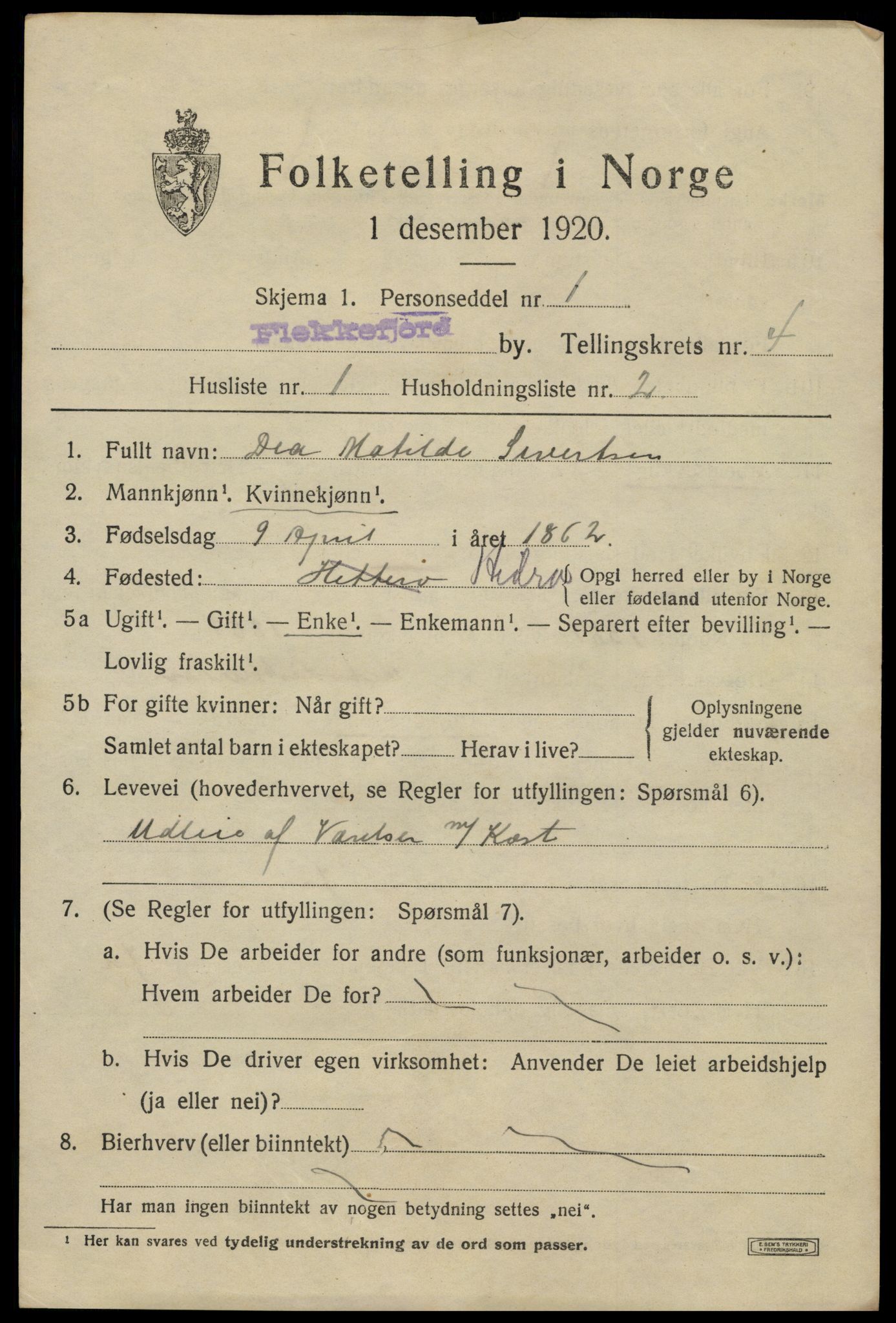 SAK, 1920 census for Flekkefjord, 1920, p. 4446