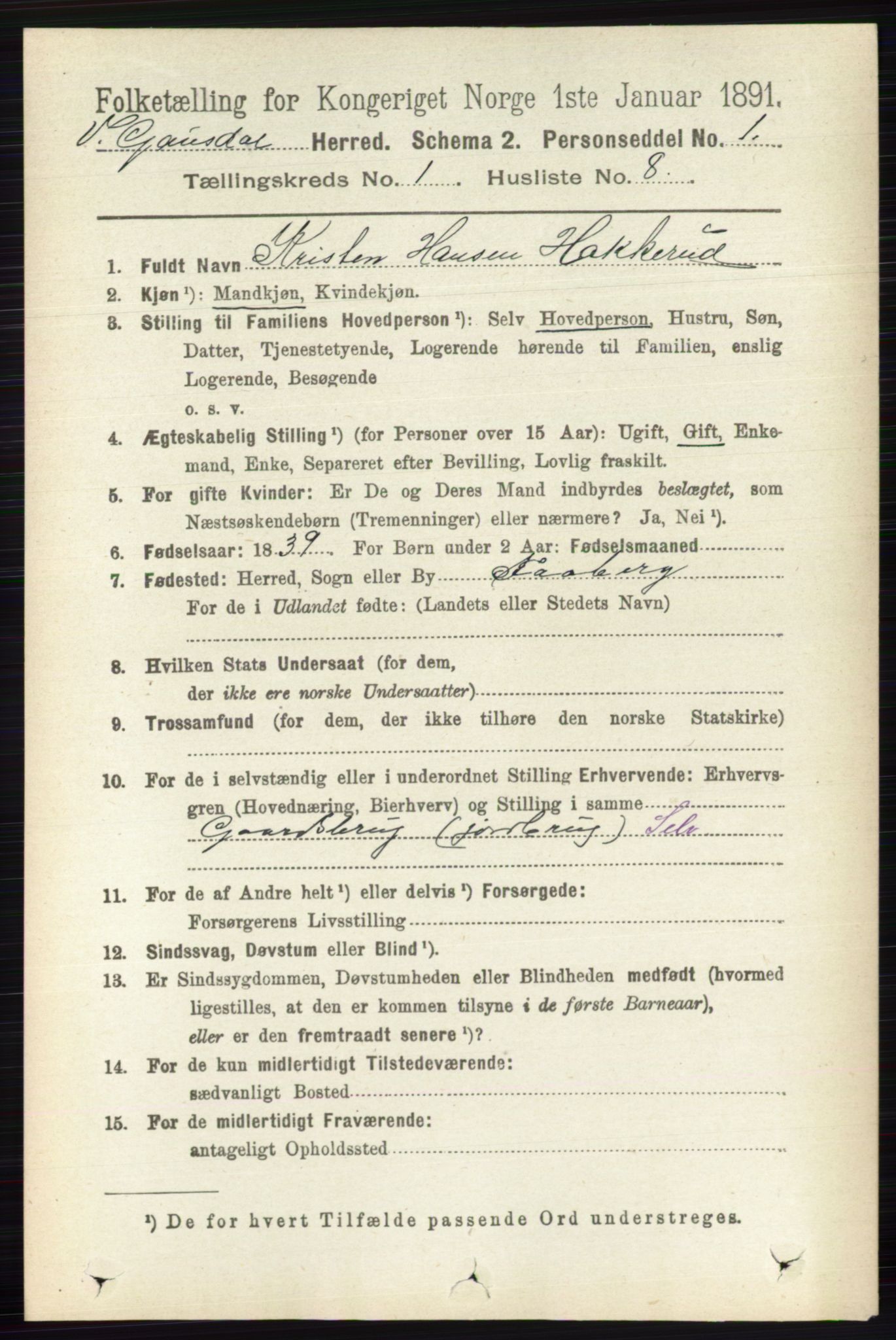 RA, 1891 census for 0523 Vestre Gausdal, 1891, p. 112