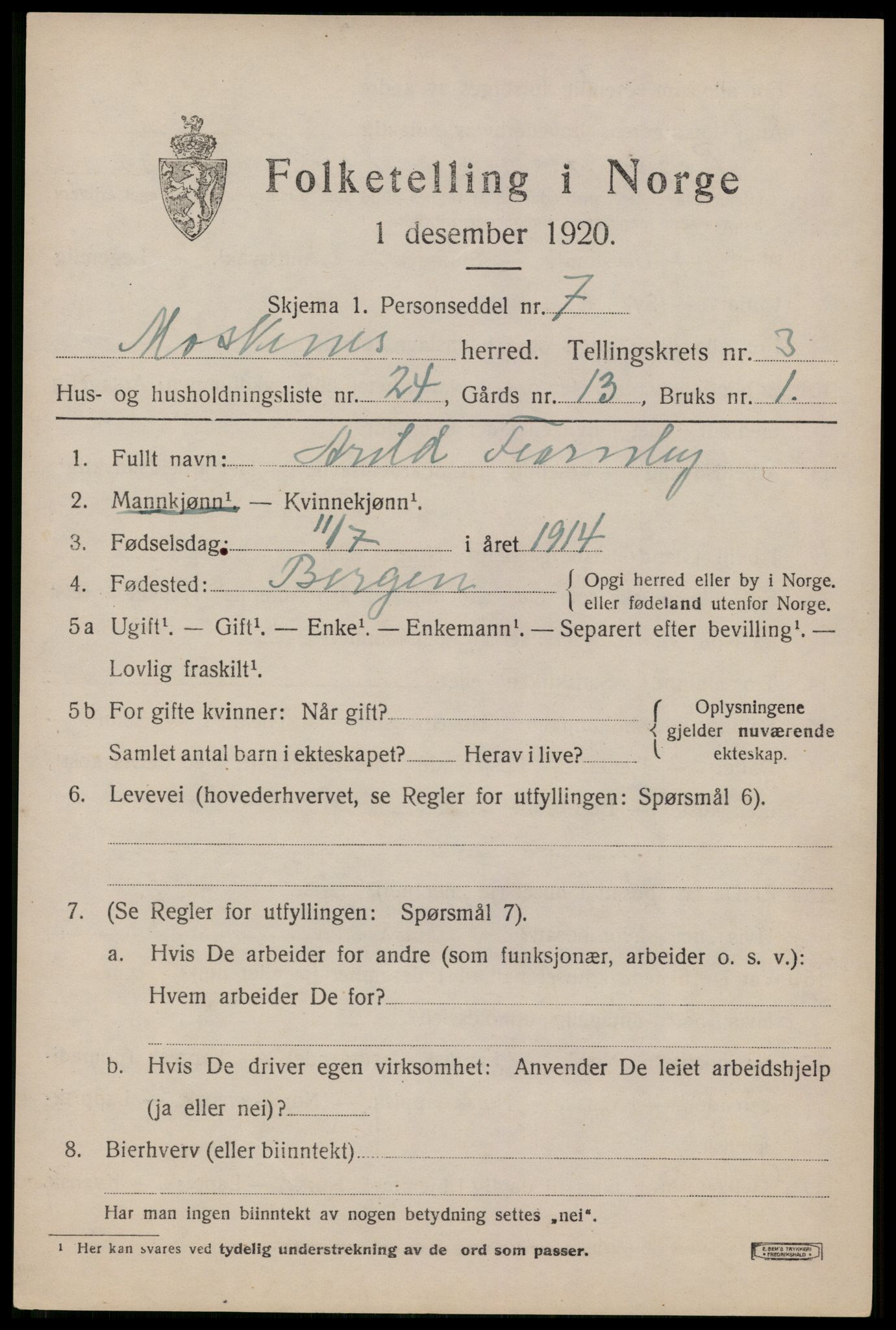 SAT, 1920 census for Moskenes, 1920, p. 1996