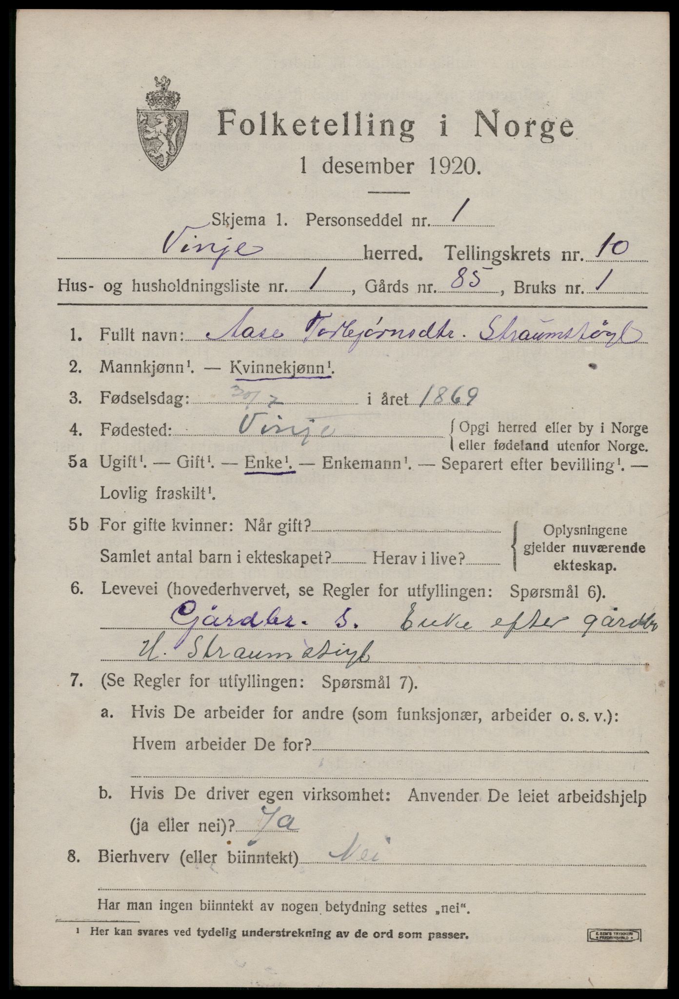 SAKO, 1920 census for Vinje, 1920, p. 2983